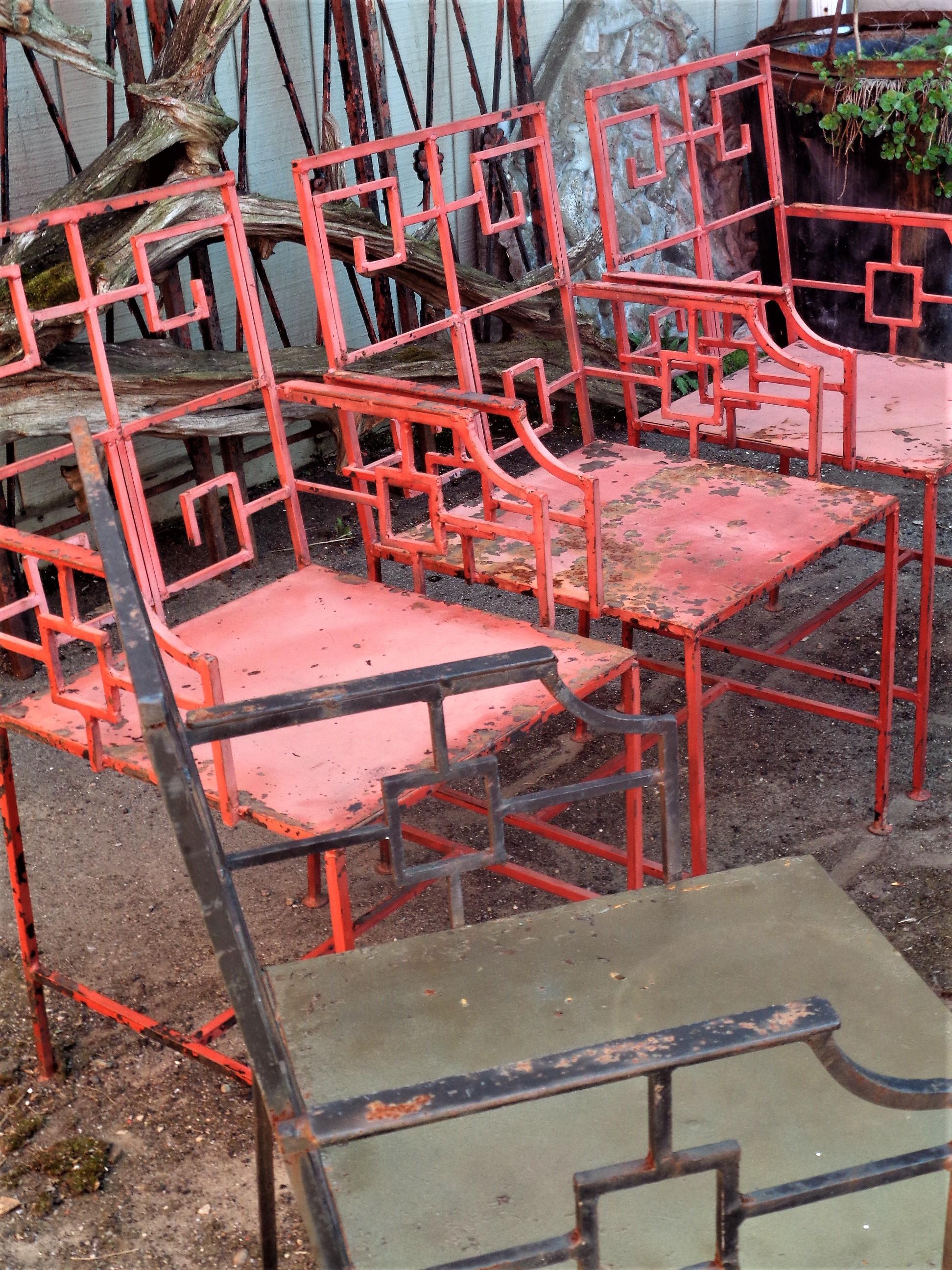  Set of Six Greek Key Design Wrought Iron Armchairs, 1940's In Distressed Condition For Sale In Rochester, NY