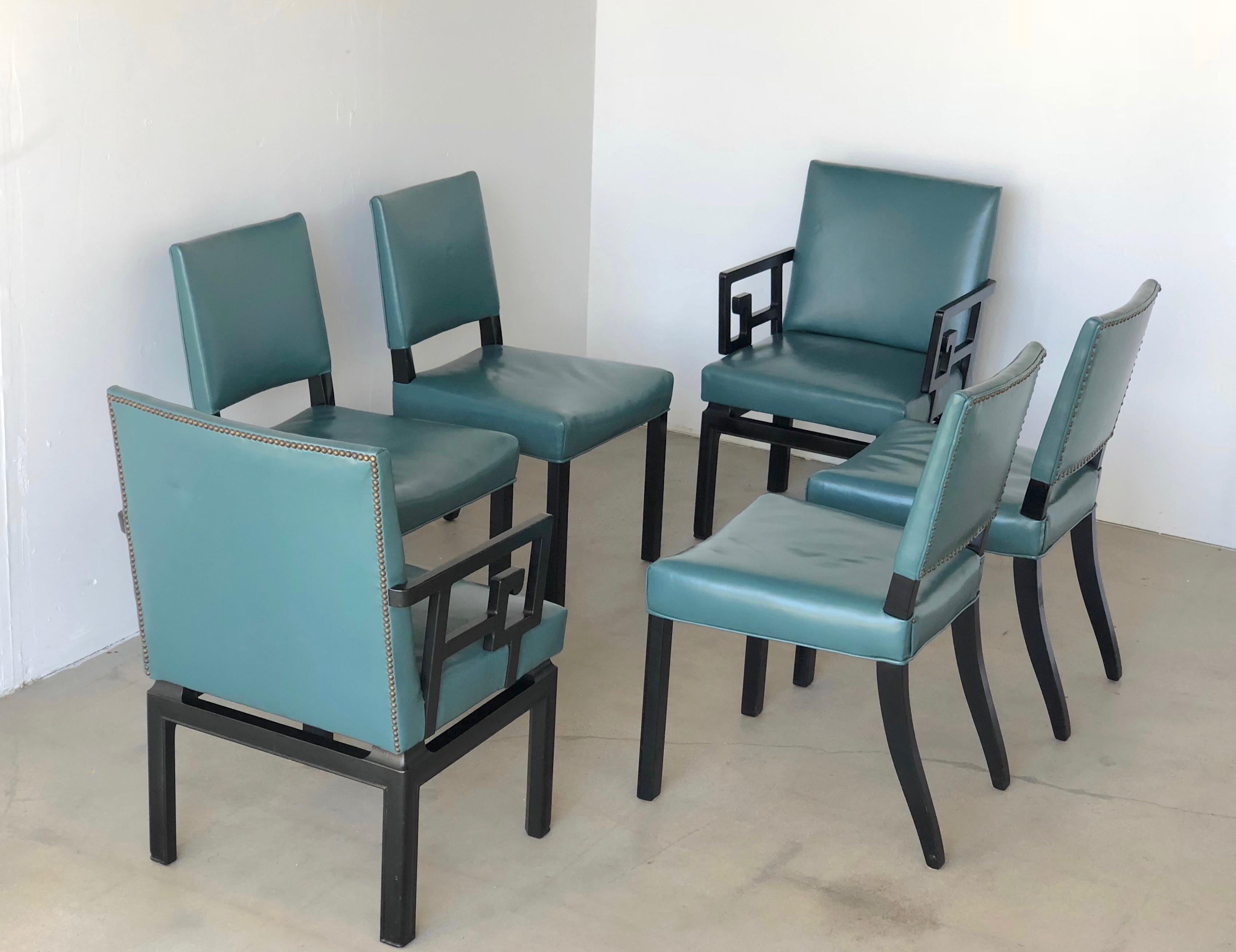 Set of Six Greek Key Turquoise Leather Ebonized Far East Baker Dining Chairs  For Sale 1