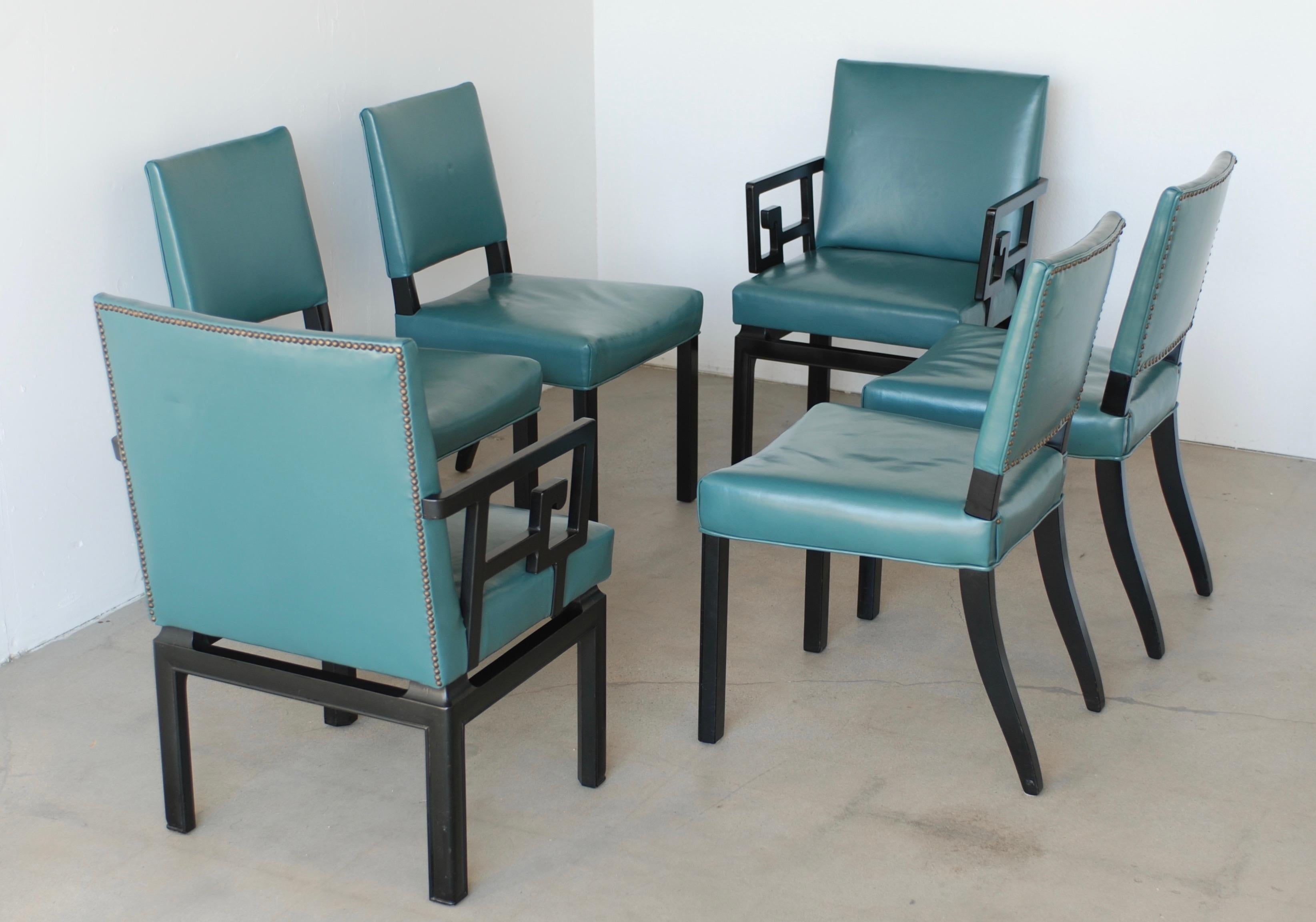 Hollywood Regency Set of Six Greek Key Turquoise Leather Ebonized Far East Baker Dining Chairs  For Sale