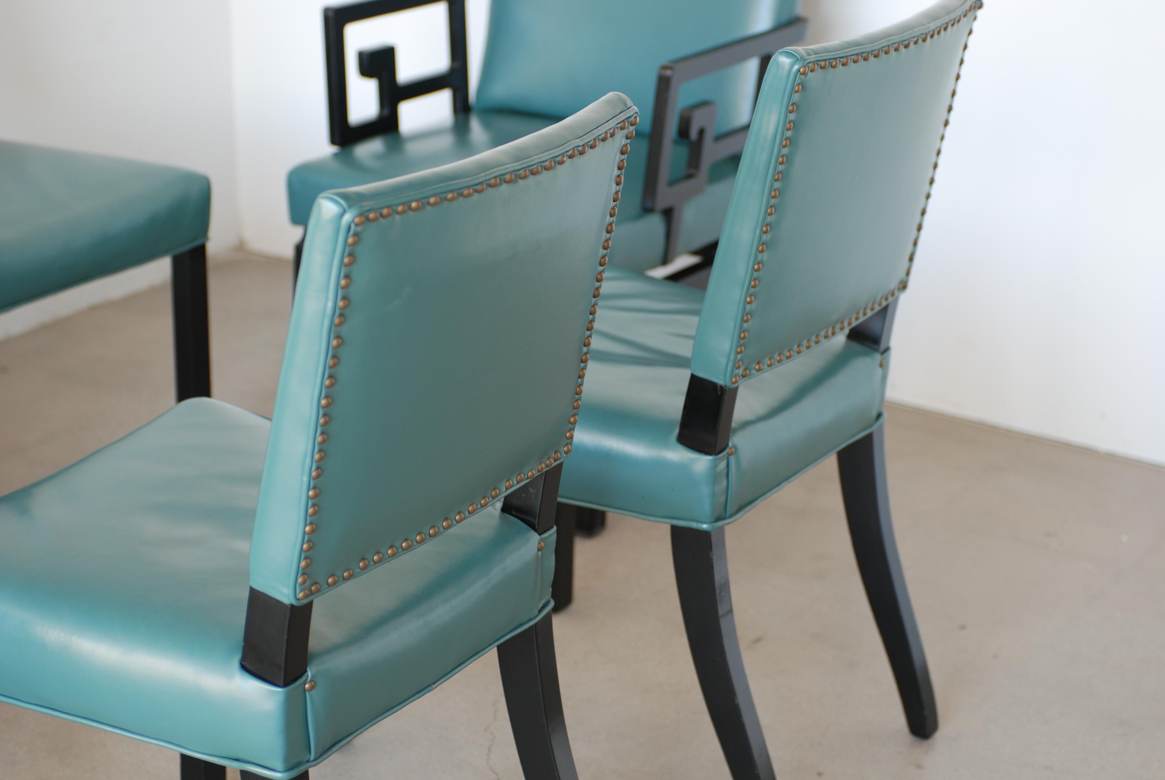 American Set of Six Greek Key Turquoise Leather Ebonized Far East Baker Dining Chairs  For Sale