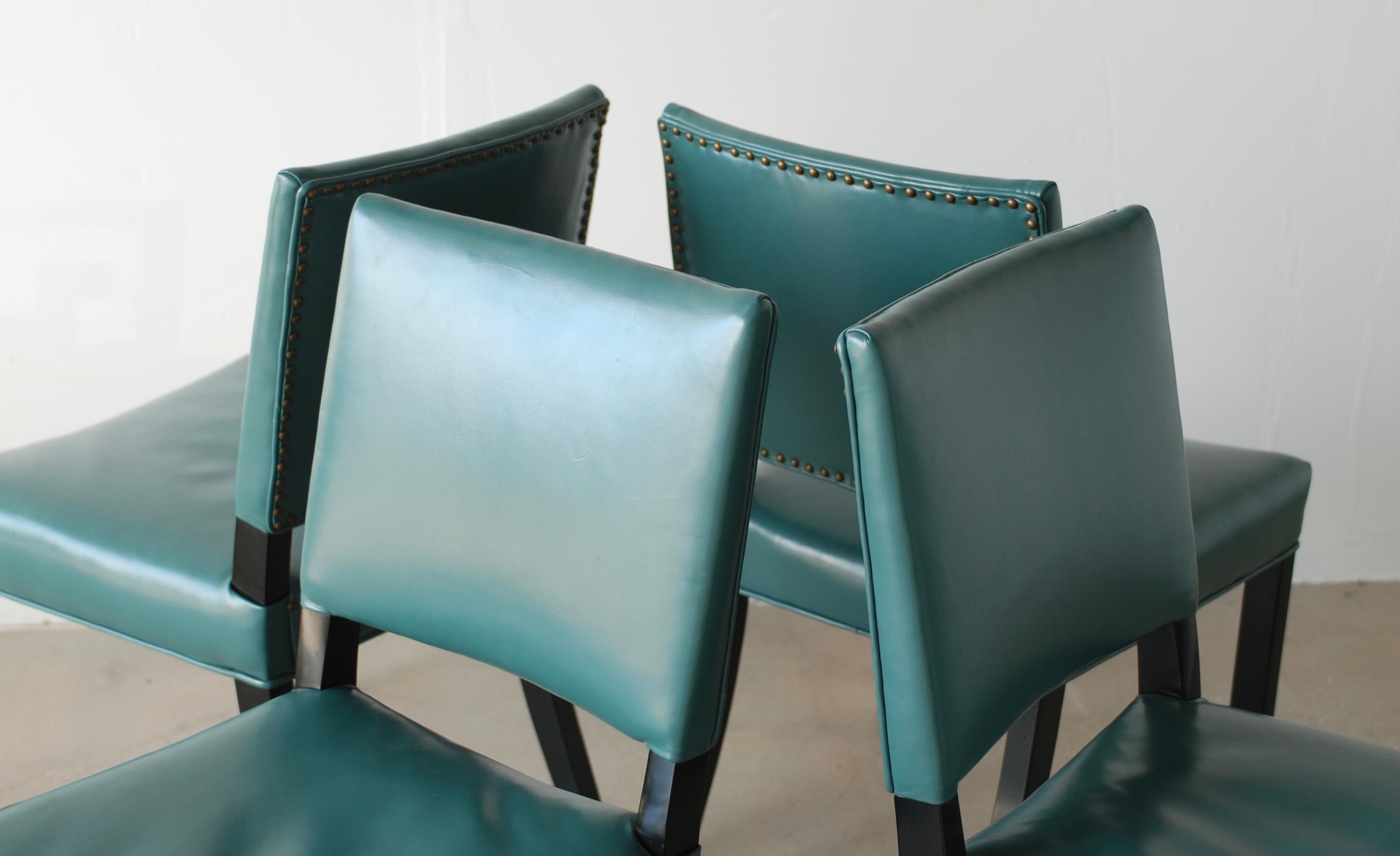 20th Century Set of Six Greek Key Turquoise Leather Ebonized Far East Baker Dining Chairs  For Sale