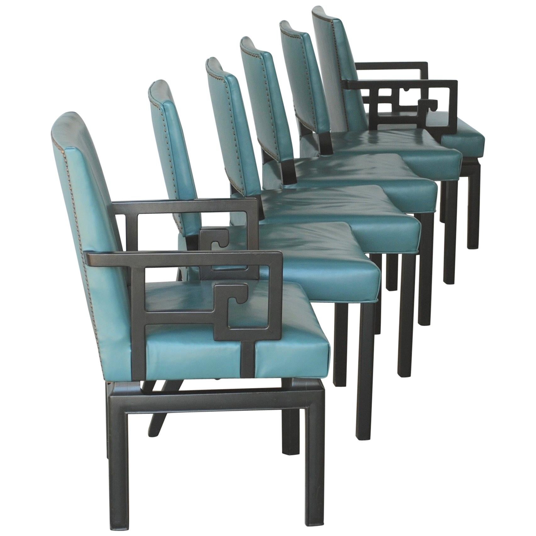 Set of Six Greek Key Turquoise Leather Ebonized Far East Baker Dining Chairs  For Sale