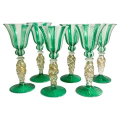 Set of Six Green and Gold Murano Glass Glasses with Filigree Work from the 1940s