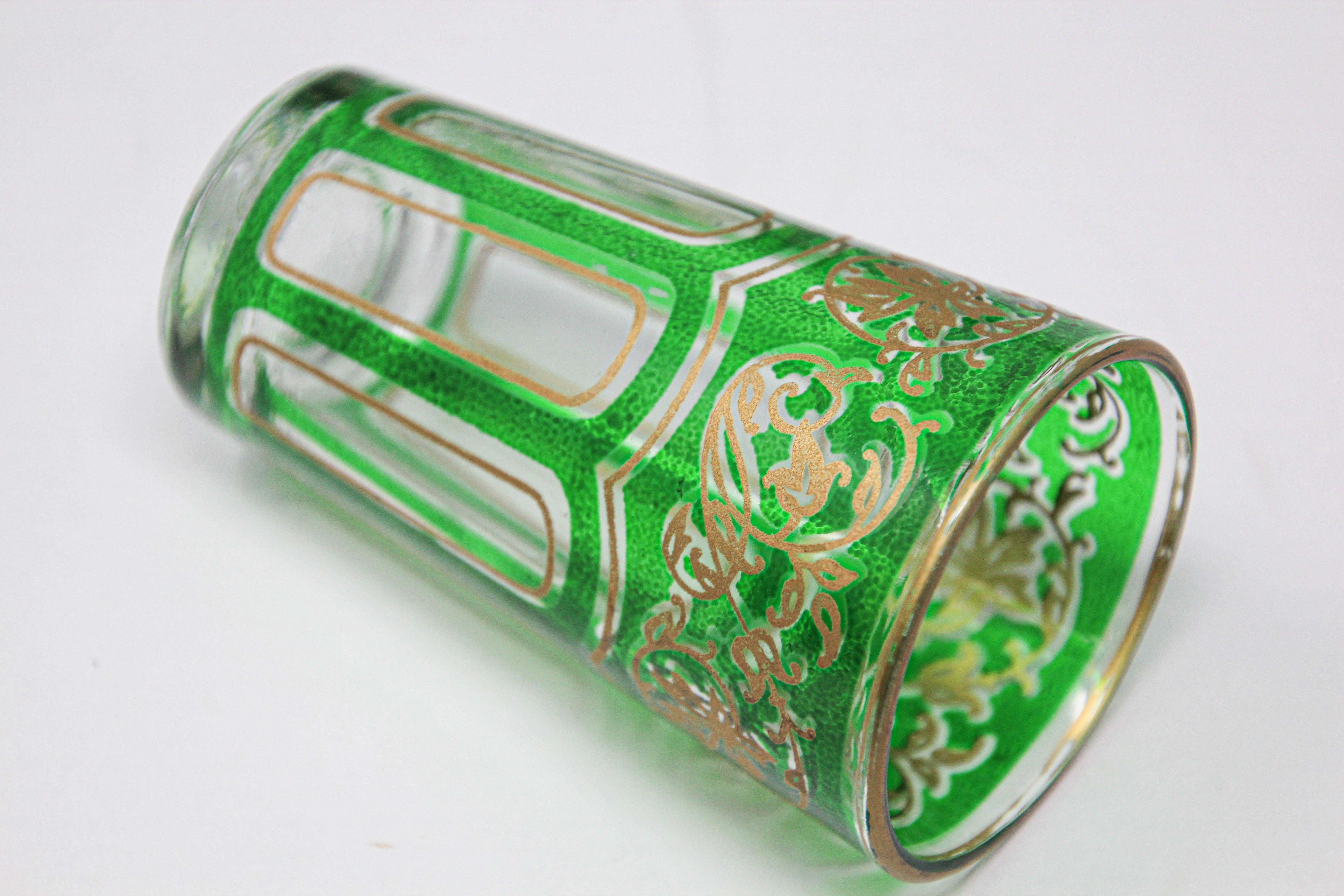 Set of Six Green Glasses with Gold Raised Moorish Design 4