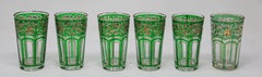 Set of Six Green Glasses with Gold Raised Moorish Design
