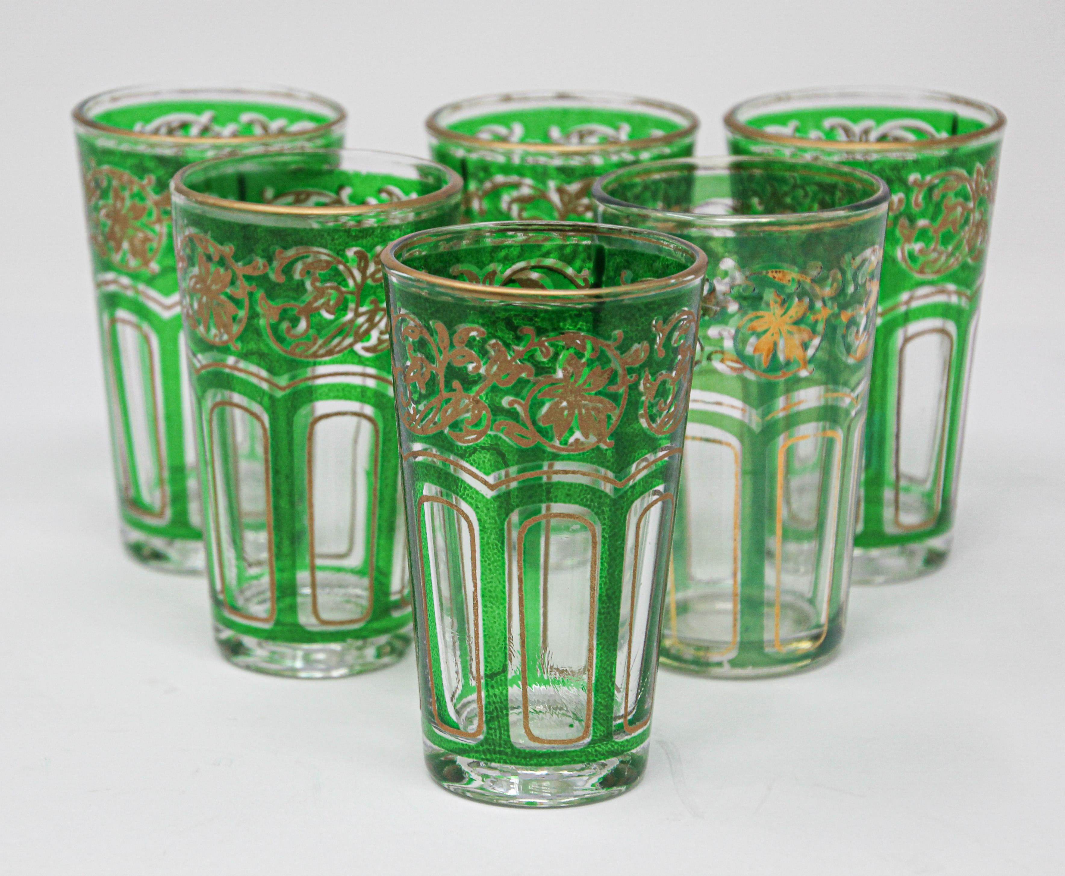 Moroccan Set of Six Green Glasses with Gold Raised Moorish Design