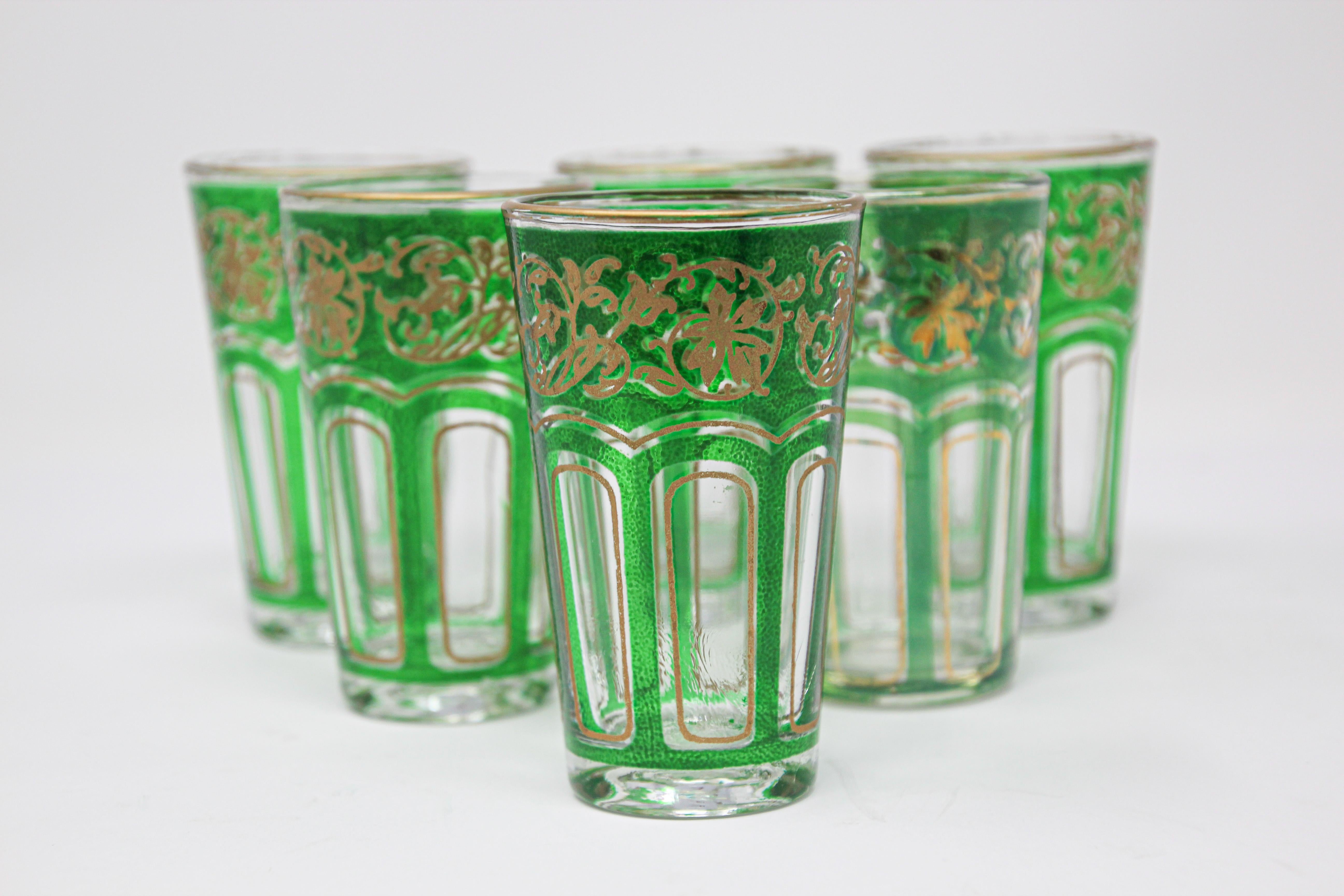20th Century Set of Six Green Glasses with Gold Raised Moorish Design