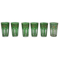 Set of Six Green Glasses with Gold Raised Moorish Design