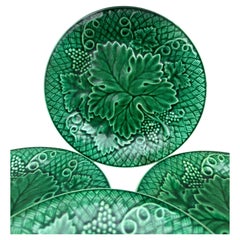 Set of Six Green Majolica Grapes Plates Salins circa 1880
