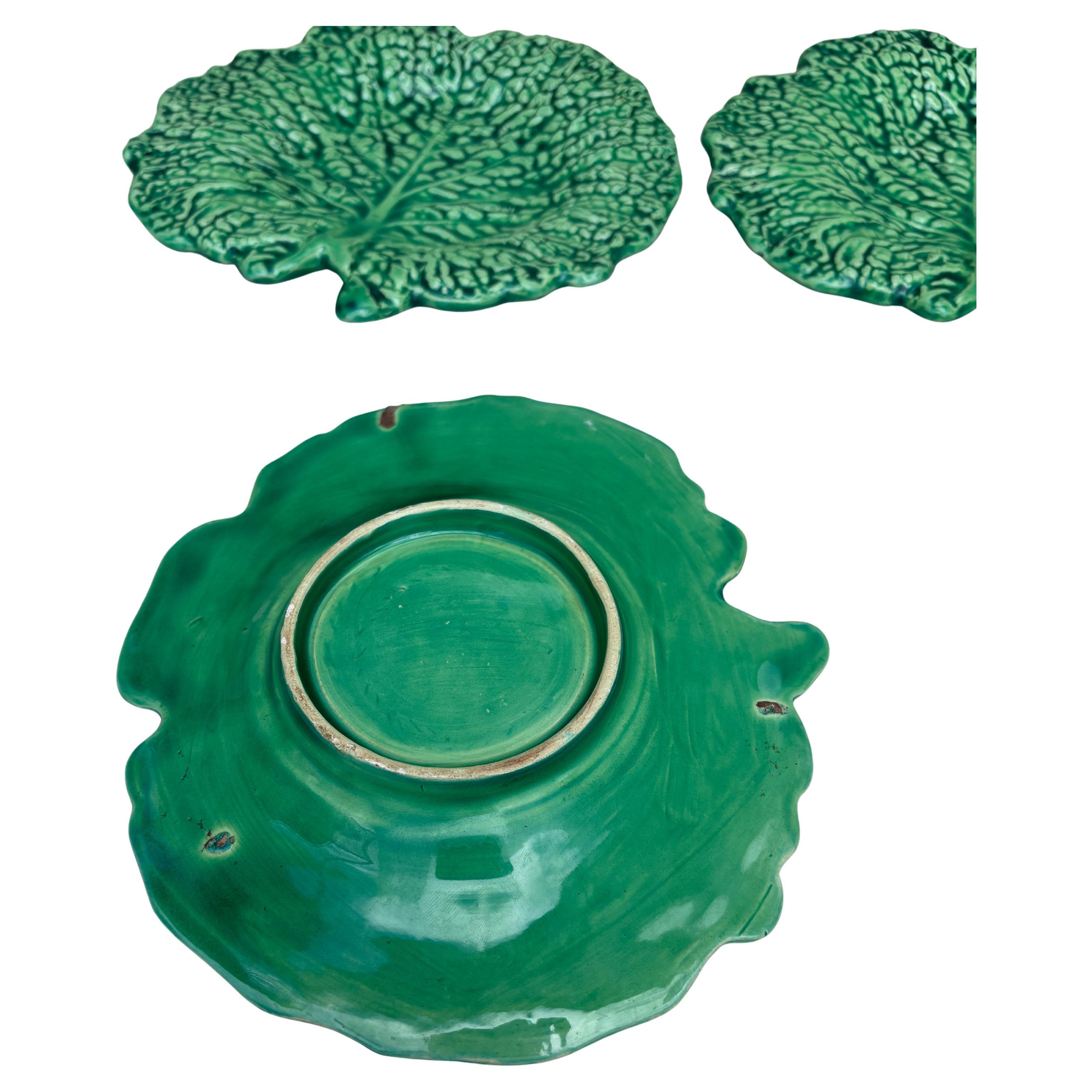 Country Set of Six Green Majolica Leaves Dishes Circa 1930 For Sale