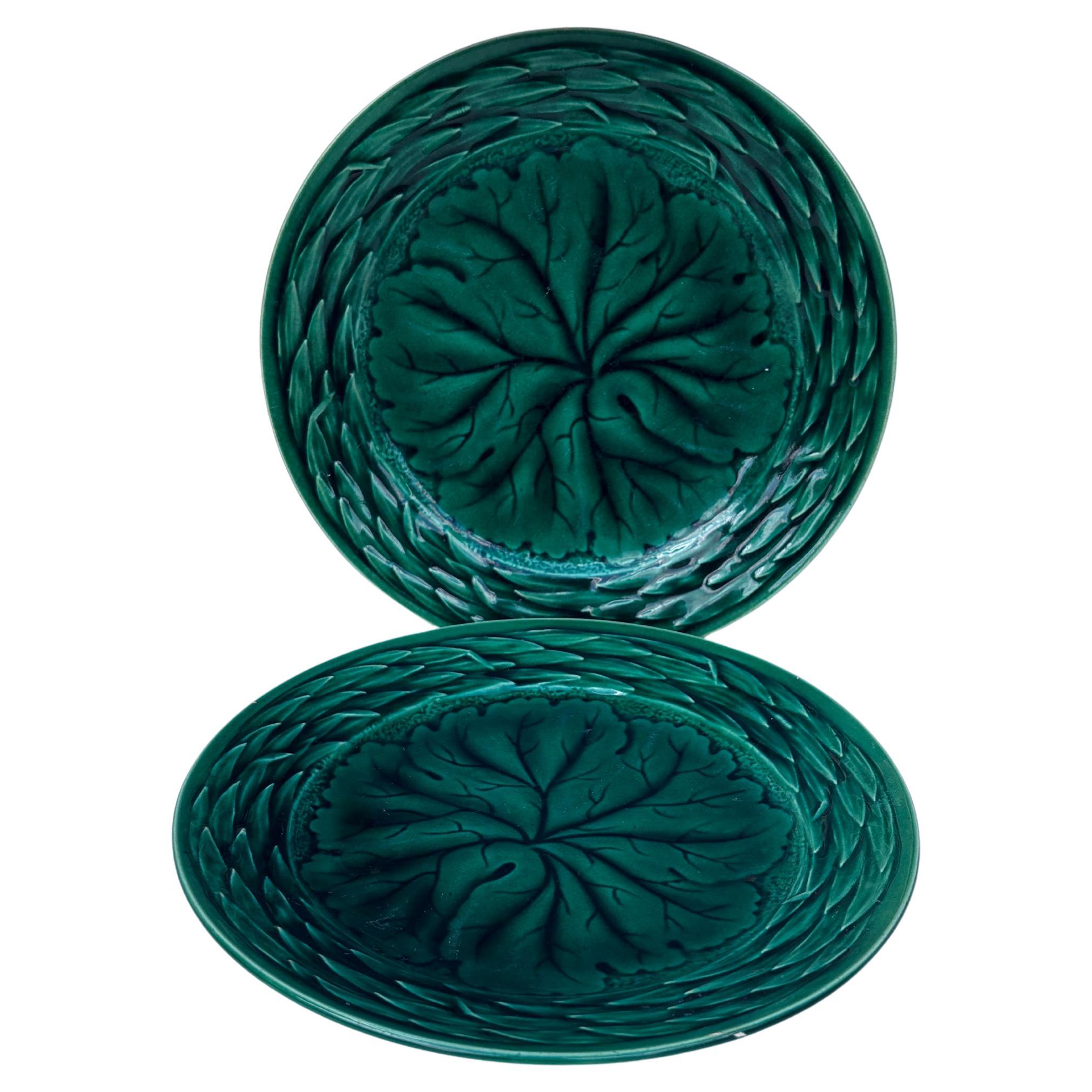 French Set of Six Green Majolica Leaves Dishes Circa 1930 For Sale