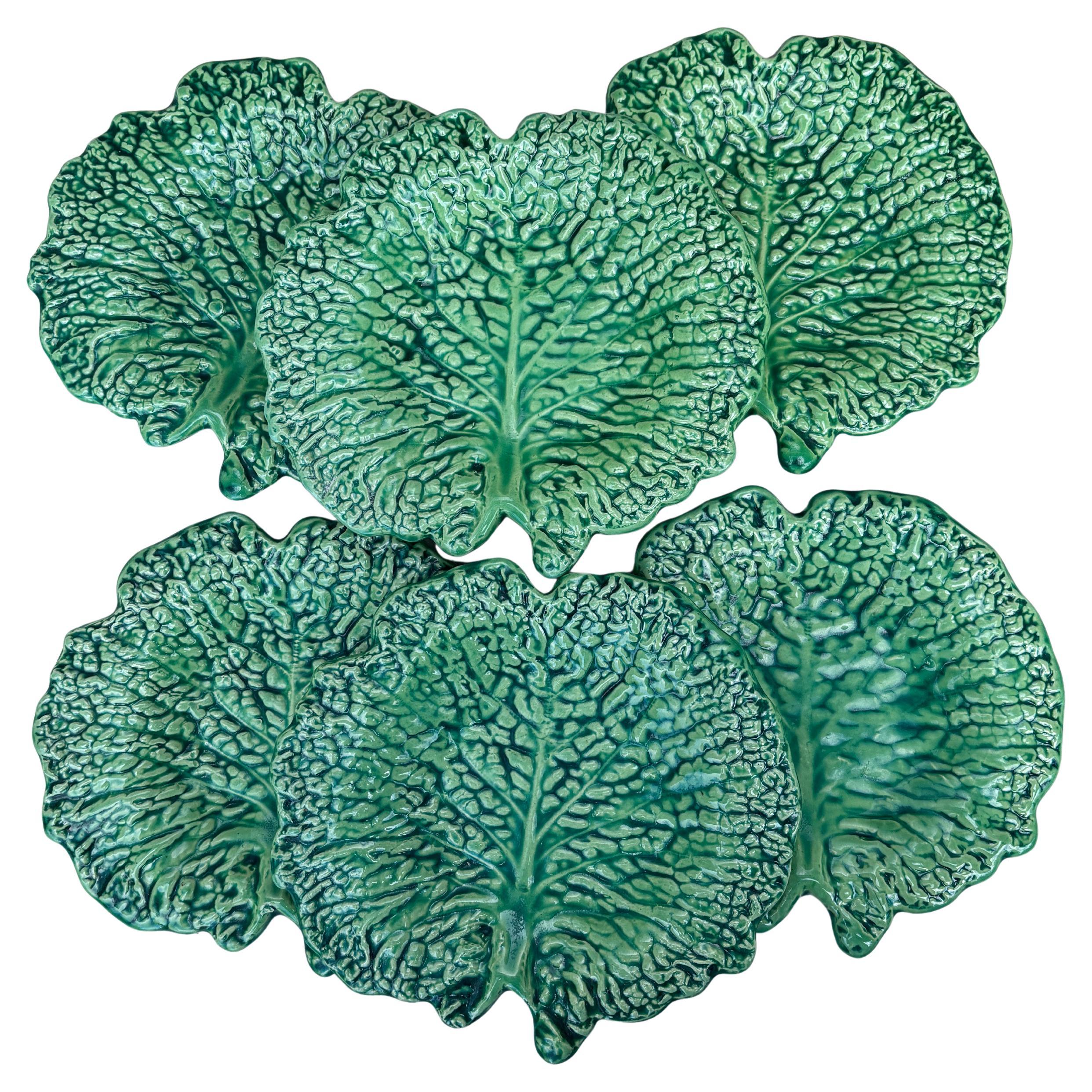 Set of Six Green Majolica Leaves Dishes Circa 1930