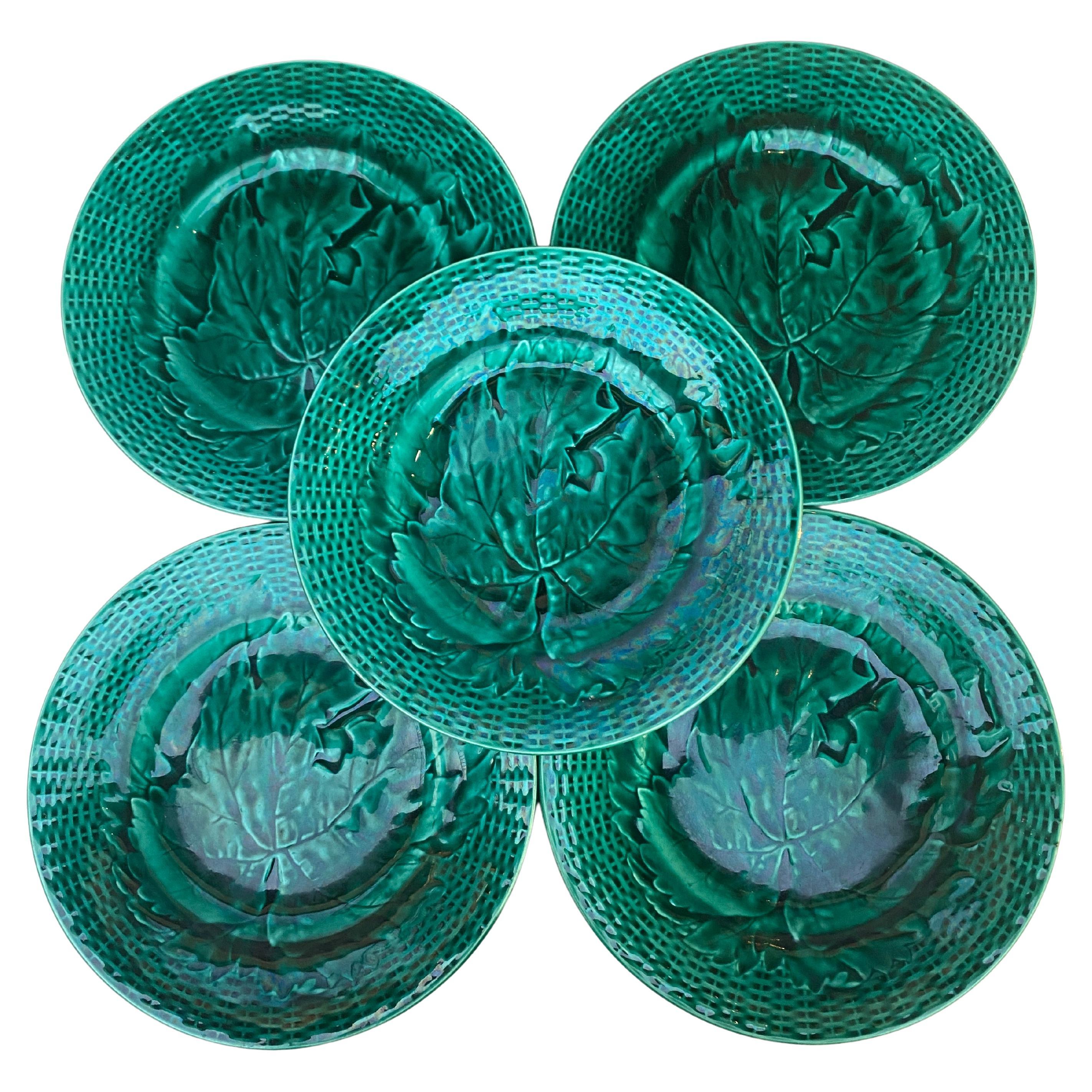 Set of Six Green Majolica Leaves Plates, circa 1880
