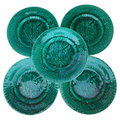 Set of Six Green Majolica Leaves Plates, circa 1880