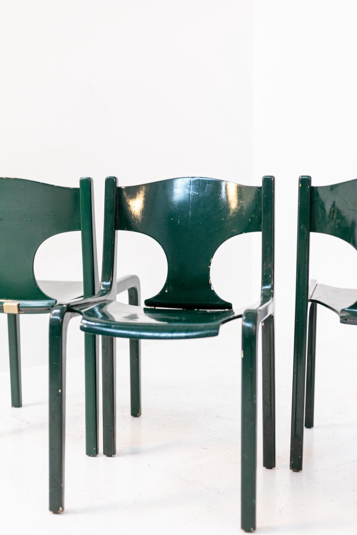 Italian Set of Six Green Wooden Chairs by Augusto Savini for Pozzi