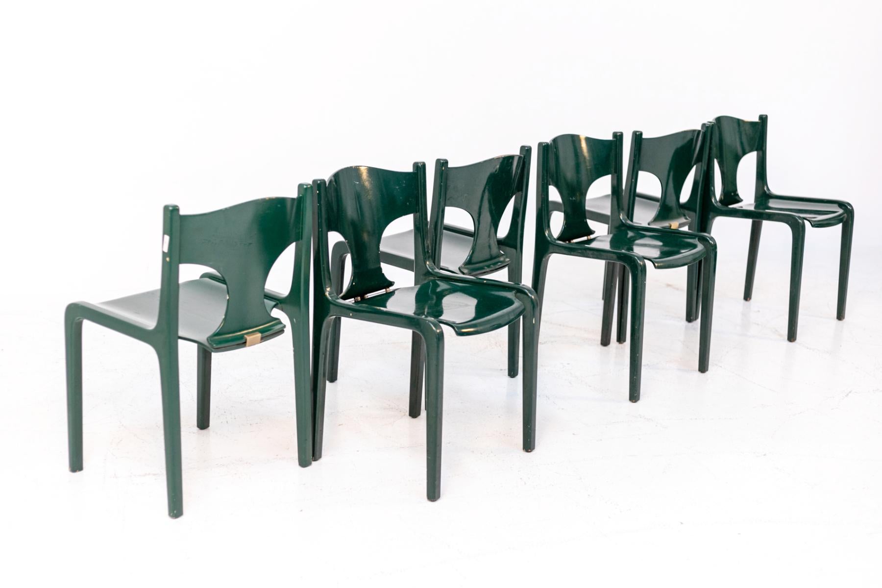 Lacquered Set of Six Green Wooden Chairs by Augusto Savini for Pozzi