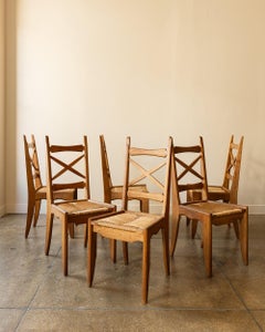 Set of Six Guillerme & Chambron Dining Chairs in Oak and Rush, 1950s