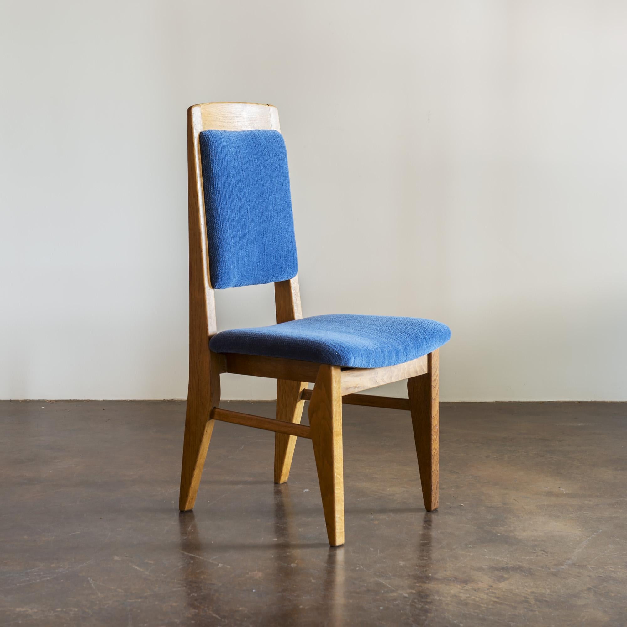 Set of six elemental Guillerme et Chambron dining chairs in golden oak, restored and recently reupholstered in Holland and Sherry Merino Cadet blue wool chenille.