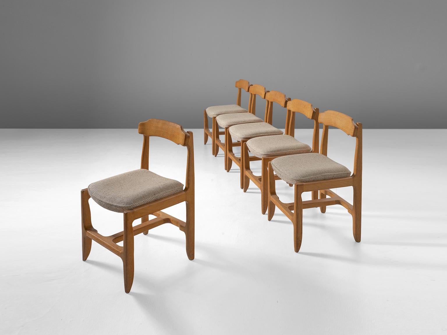 Art Deco Set of Six Guillerme et Chambron Dining Chairs in Solid Oak