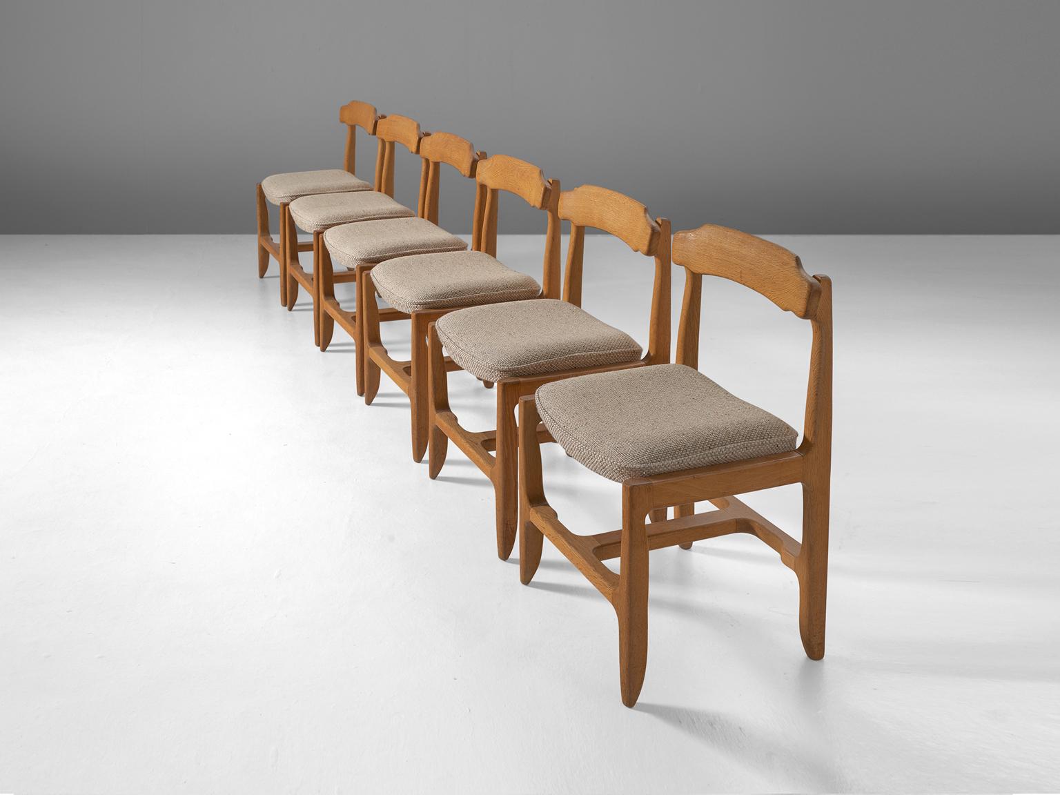 French Set of Six Guillerme et Chambron Dining Chairs in Solid Oak