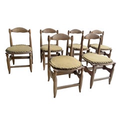 Set of Six Guillerme et Chambron Dining Chairs in Solid Oak, France 1950s