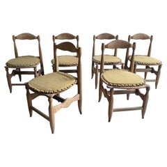 Set of Six Guillerme et Chambron Dining Chairs in Solid Oak, France 1950s