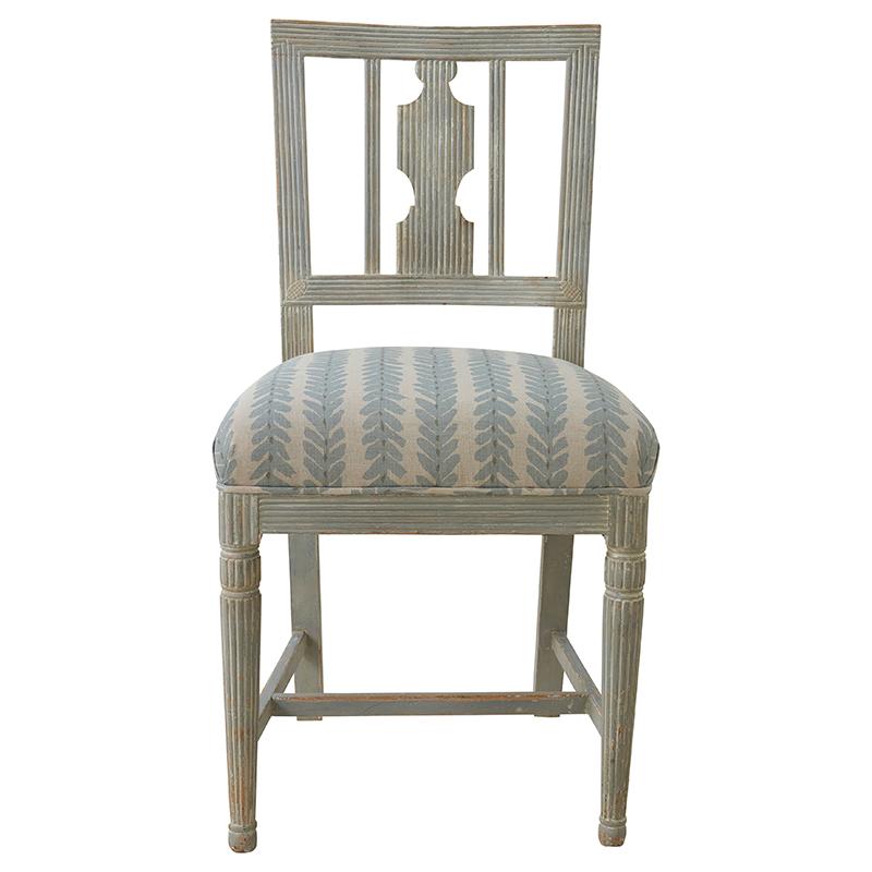 This set of six 1870s Gustavian chairs from Stockholm with original paint are upholstered in Schumacher Woodperry fabric. 

Since Schumacher was founded in 1889, our family-owned company has been synonymous with style, taste, and innovation. A