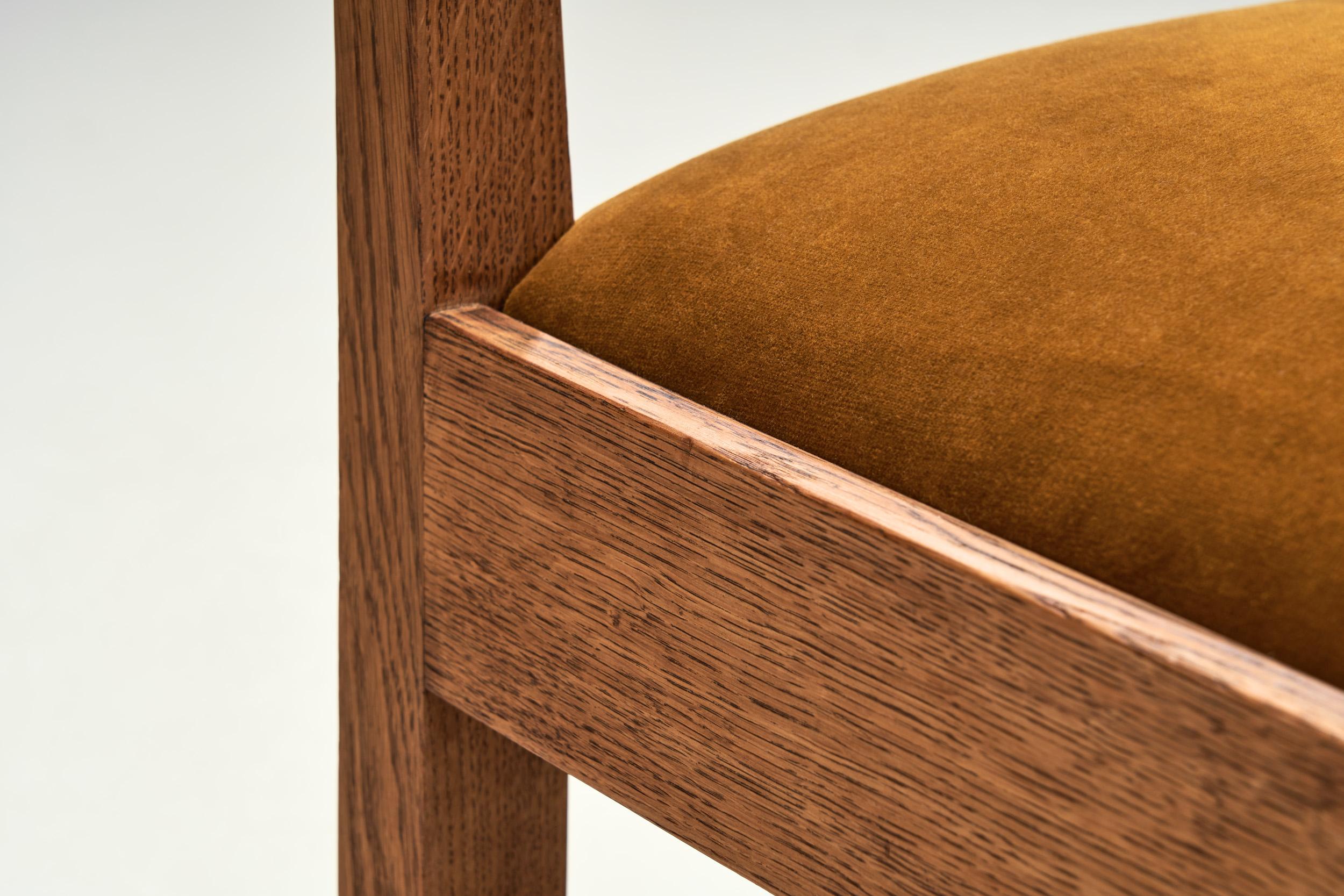 Set of Six Haagse School Oak Dining Chairs with Velour Seats, Netherlands 1930s For Sale 8
