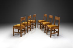 Set of Six Haagse School Oak Dining Chairs with Velour Seats, Netherlands 1930s
