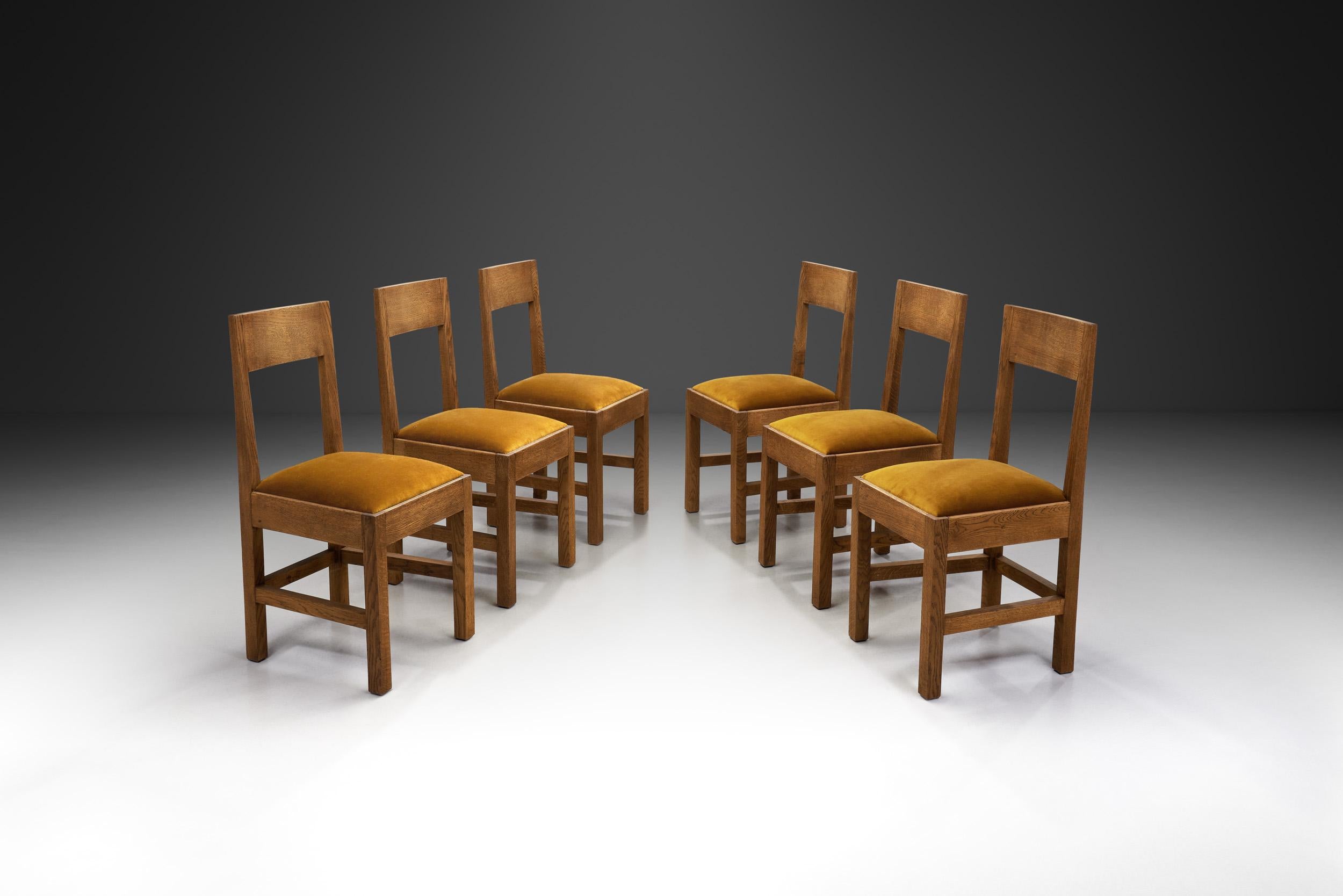 Art Deco Set of Six Haagse School Oak Dining Chairs with Velour Seats, Netherlands 1930s For Sale