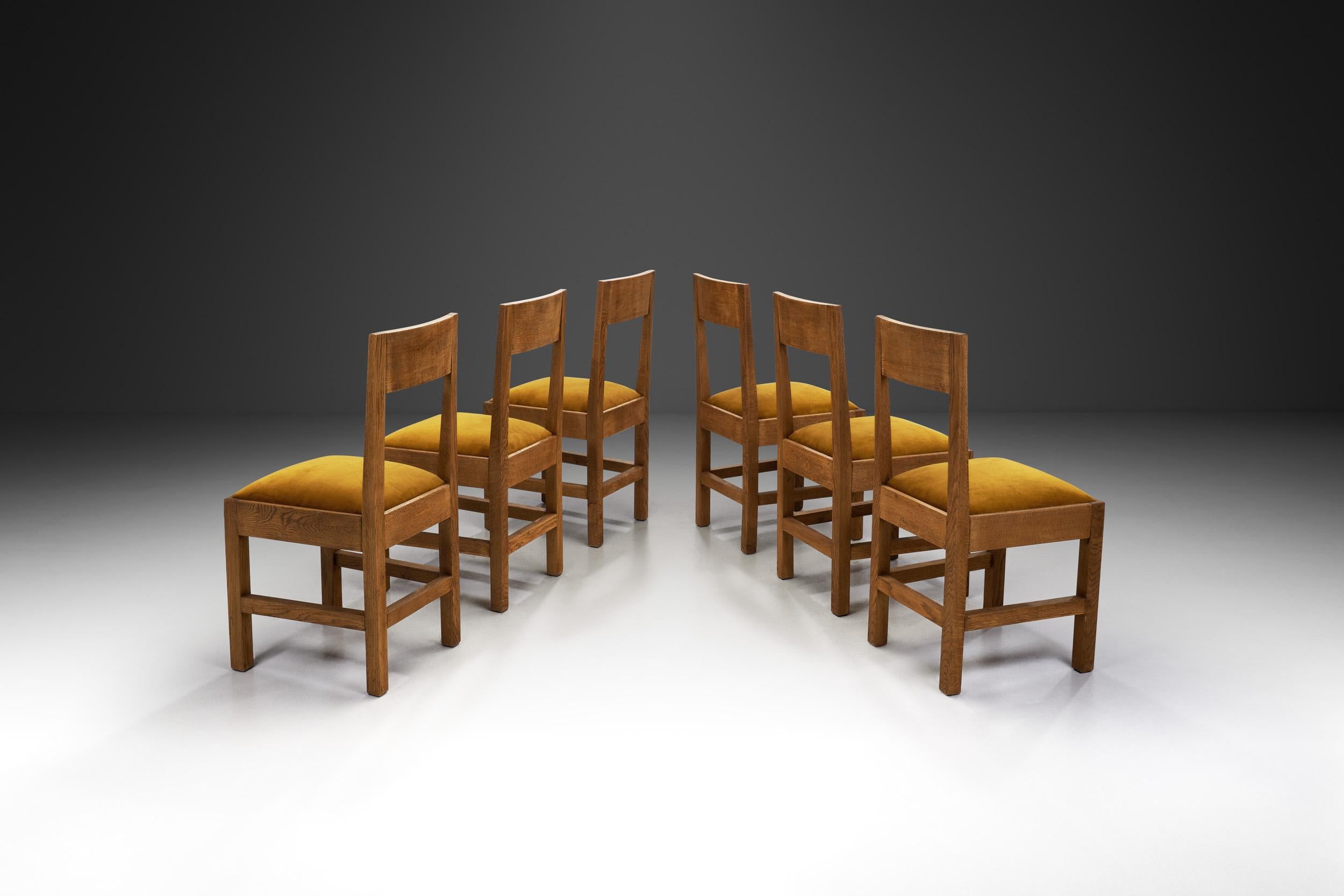 Dutch Set of Six Haagse School Oak Dining Chairs with Velour Seats, Netherlands 1930s For Sale