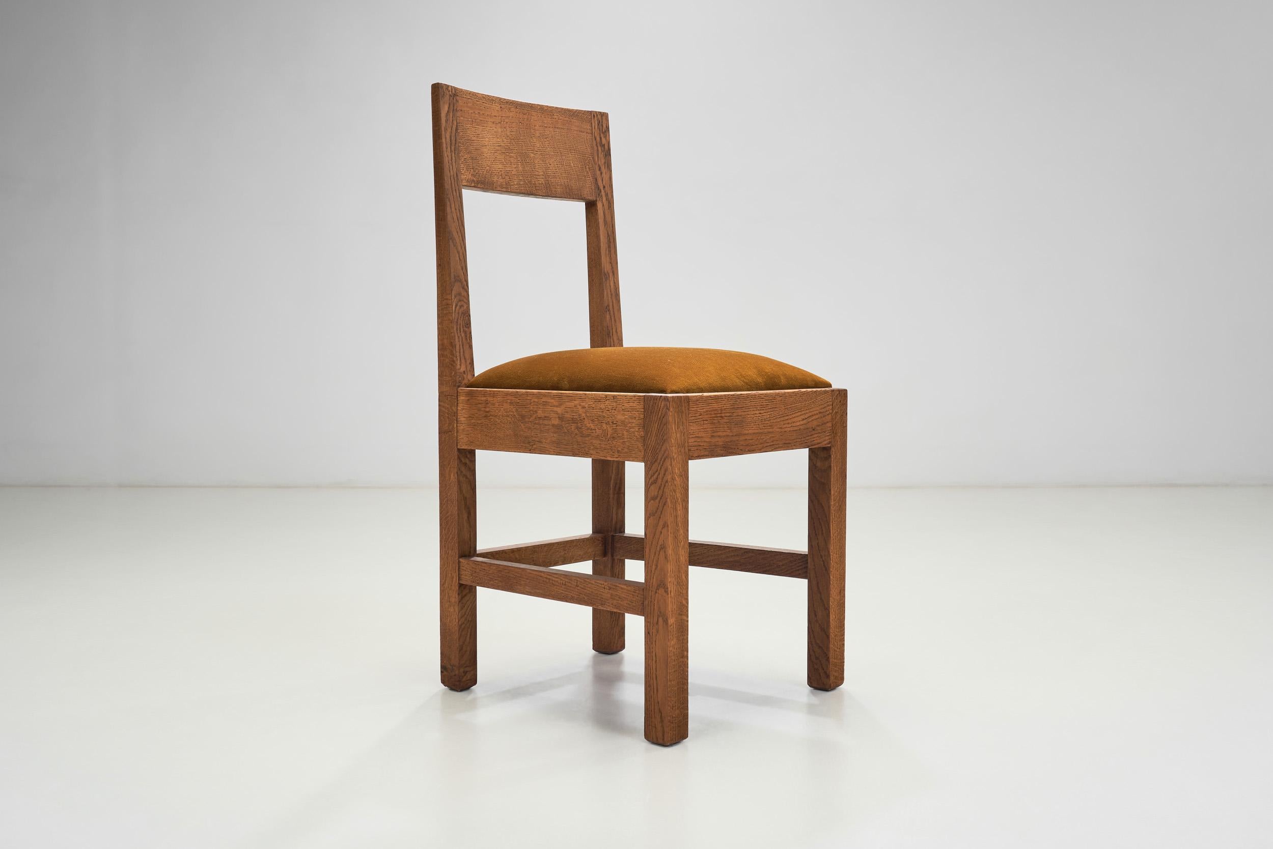 Mid-20th Century Set of Six Haagse School Oak Dining Chairs with Velour Seats, Netherlands 1930s For Sale