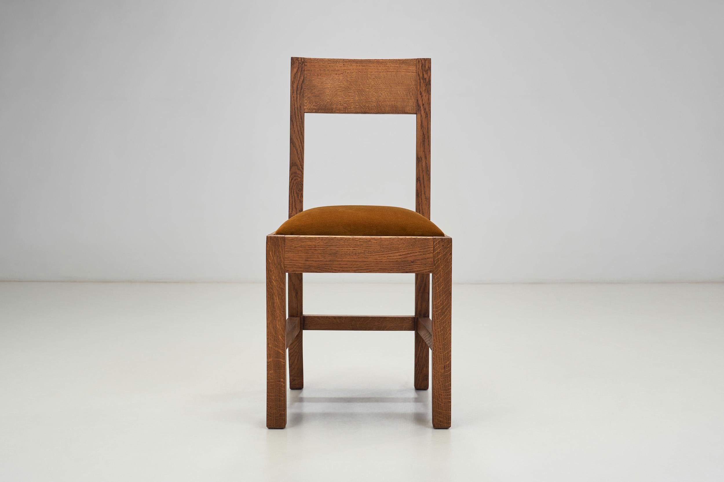 Fabric Set of Six Haagse School Oak Dining Chairs with Velour Seats, Netherlands 1930s For Sale