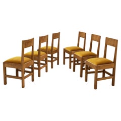 Set of Six Haagse School Oak Dining Chairs with Velour Seats, Netherlands 1930s