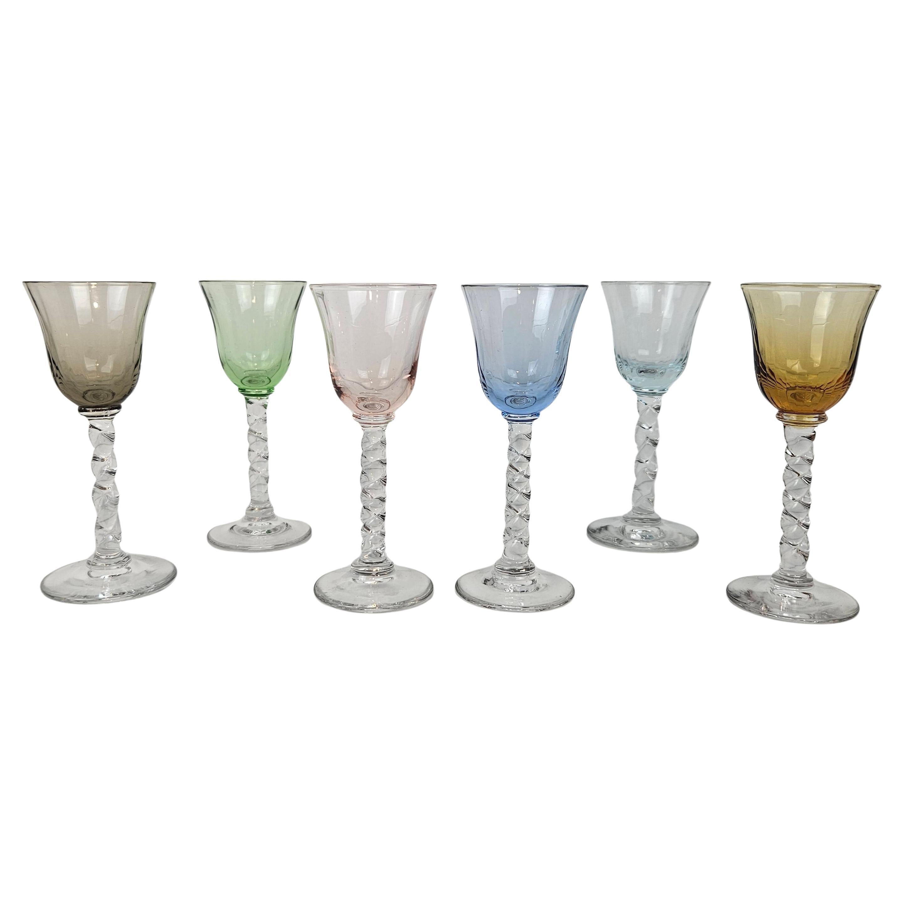 Set of Six Hand-Blown Colored Cordial Glasses with Twisted Stem, circa 1930