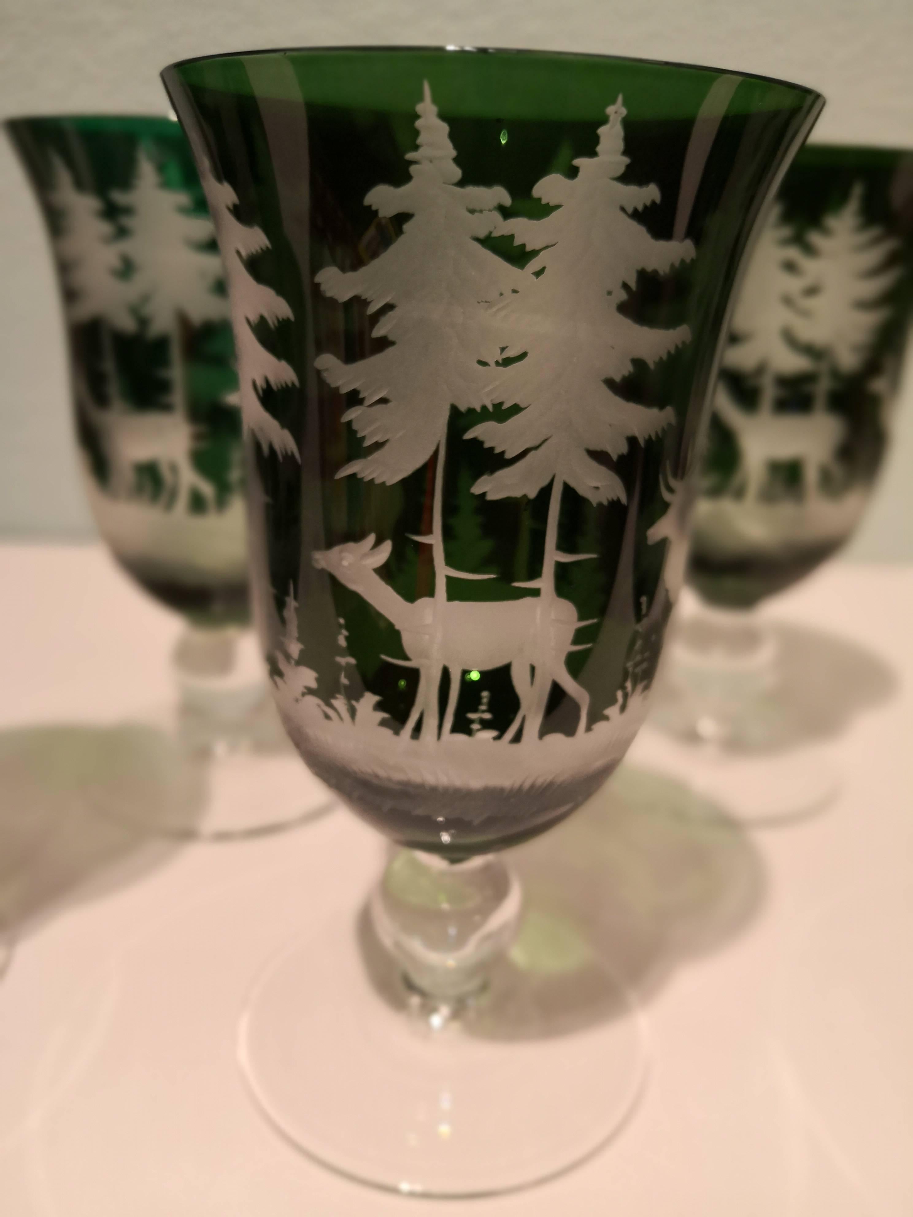 Black Forest Set of Six Hand Blown Wine Goblets Green Crystal Sofina Boutique Kitzbuehel For Sale