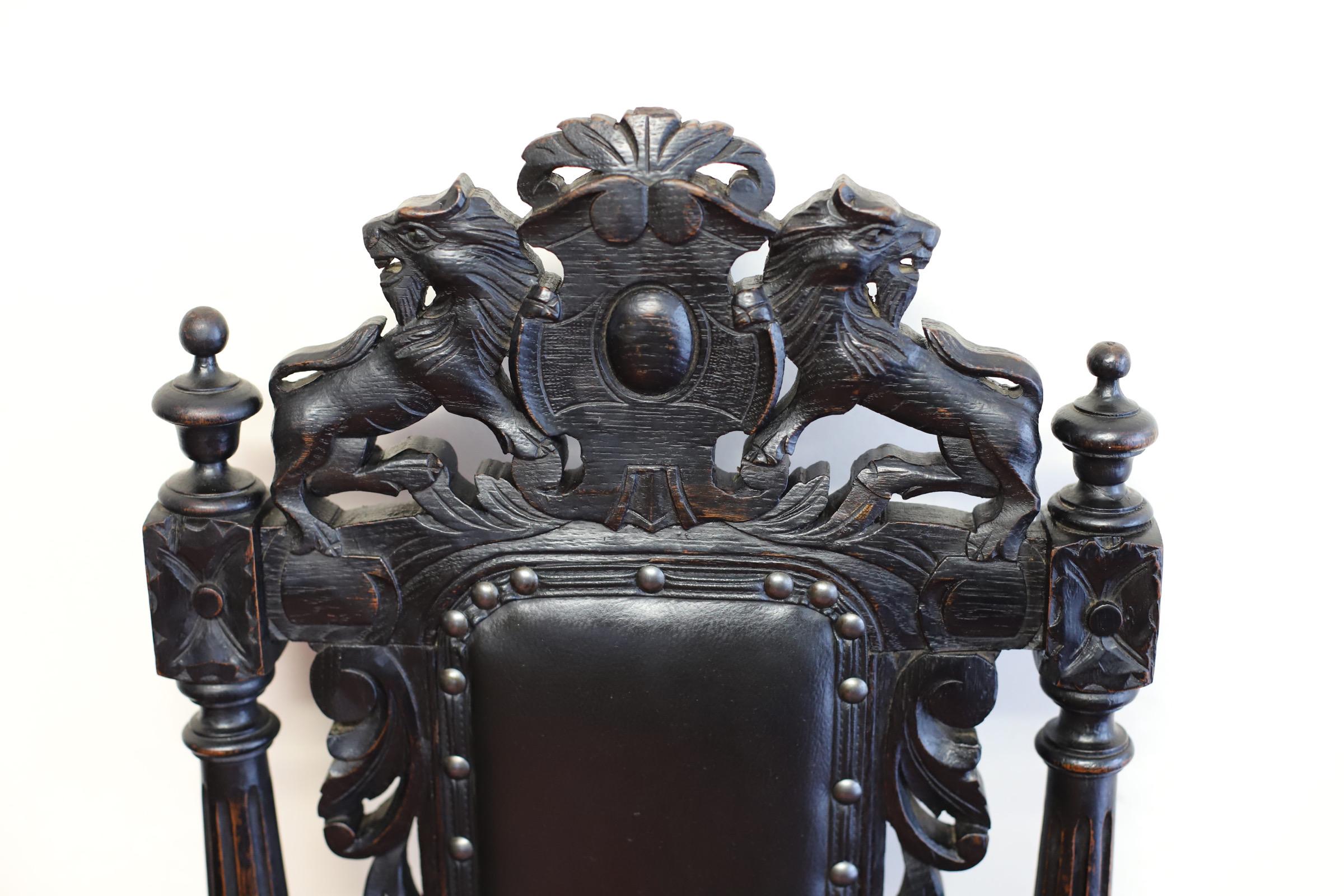 Leather Set of six   Hand- Carved Lion Terminal Victorian Dining Chairs.
