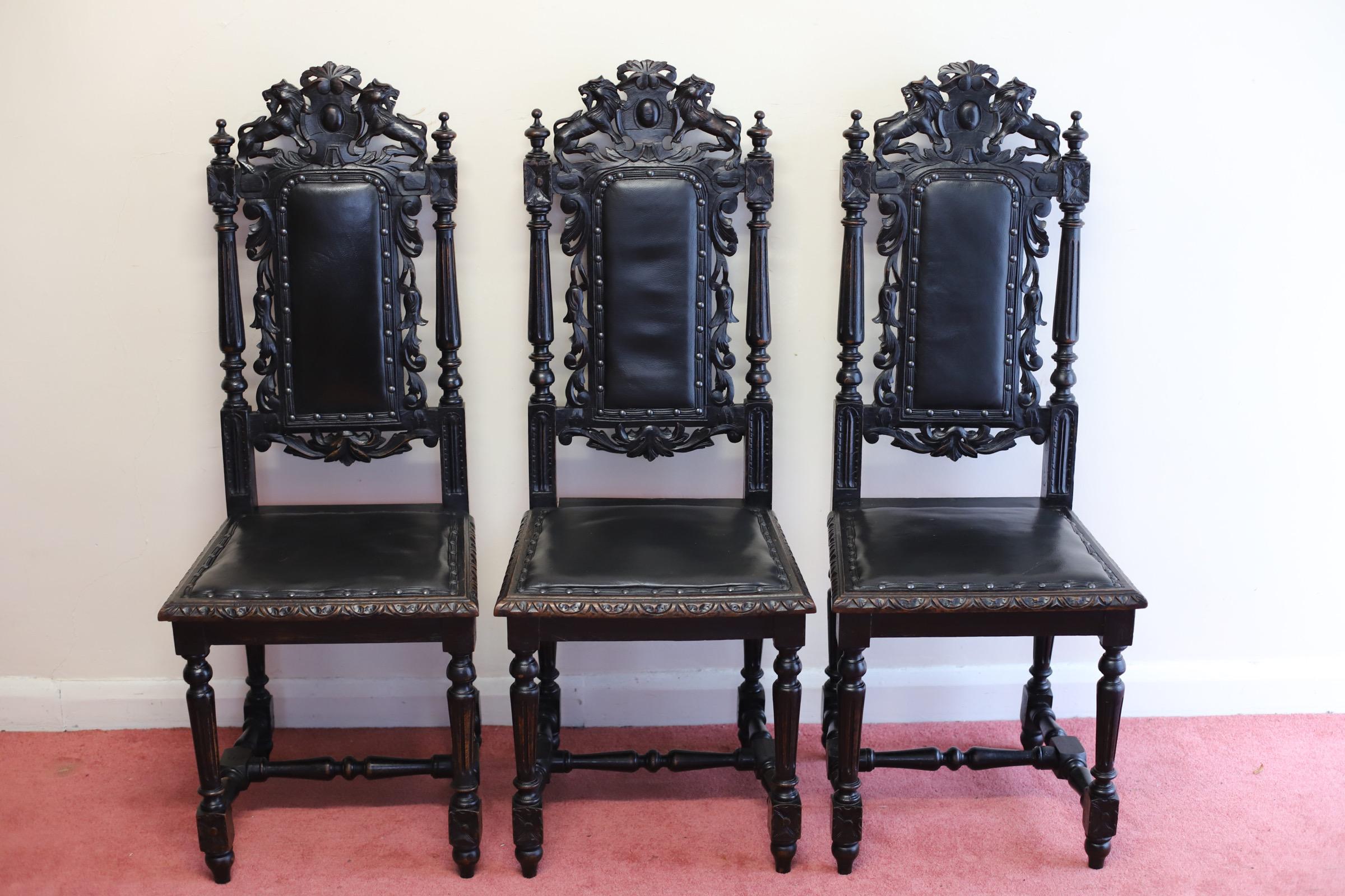 Set of six   Hand- Carved Lion Terminal Victorian Dining Chairs. For Sale 5
