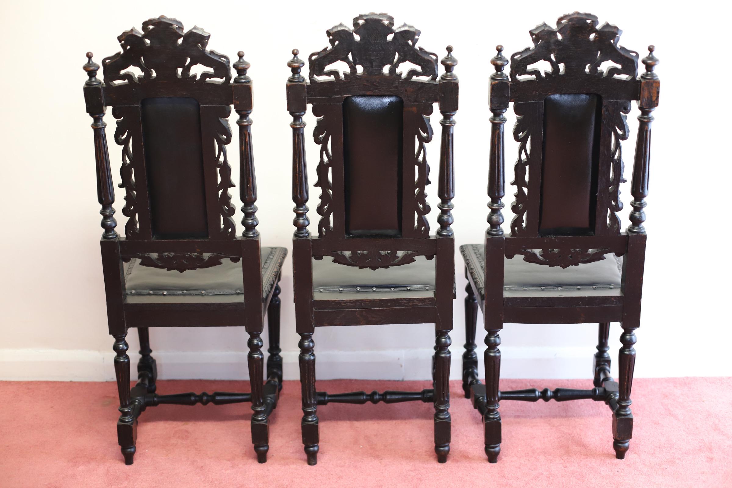 Set of six   Hand- Carved Lion Terminal Victorian Dining Chairs. For Sale 7