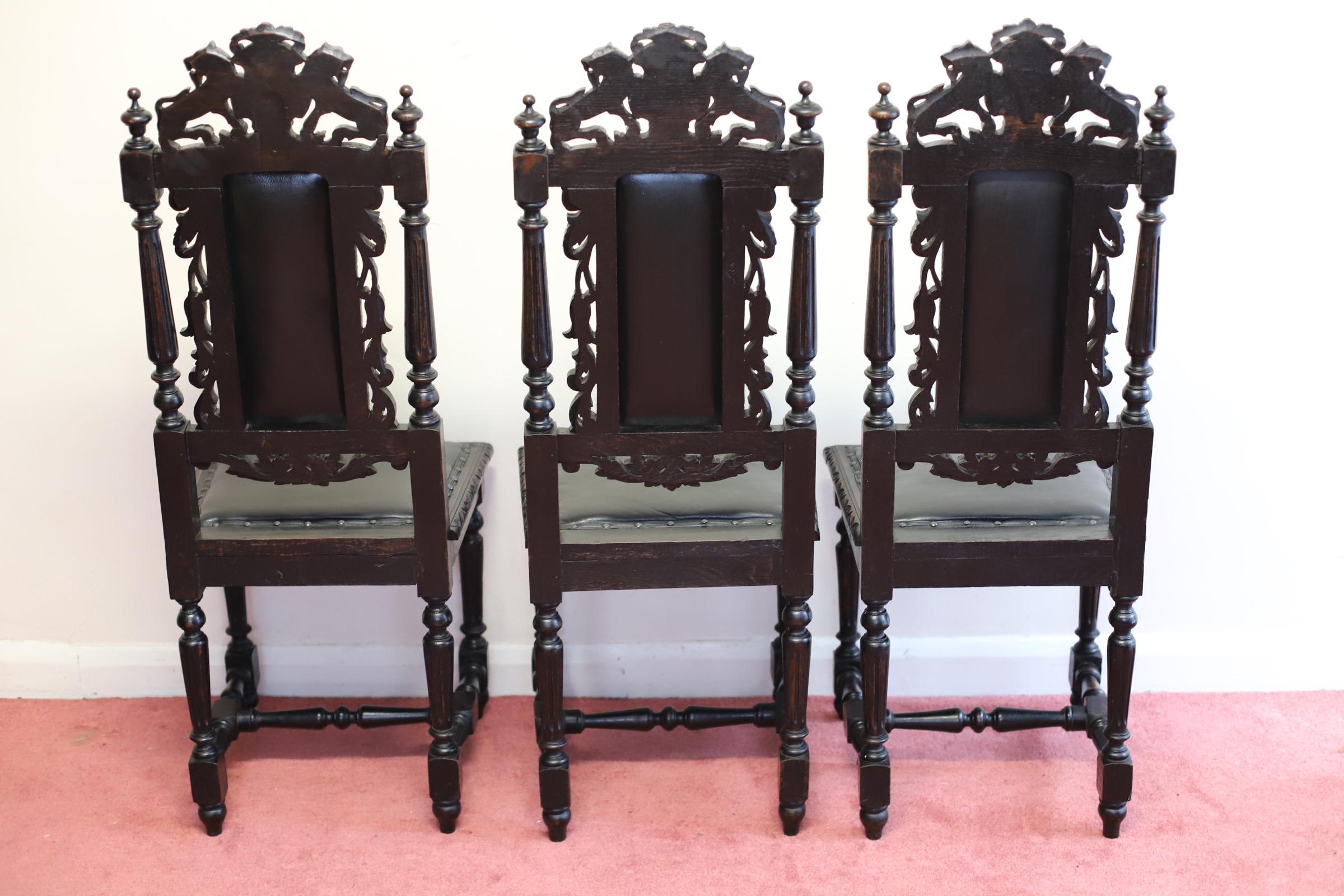 British Set of six   Hand- Carved Lion Terminal Victorian Dining Chairs. For Sale
