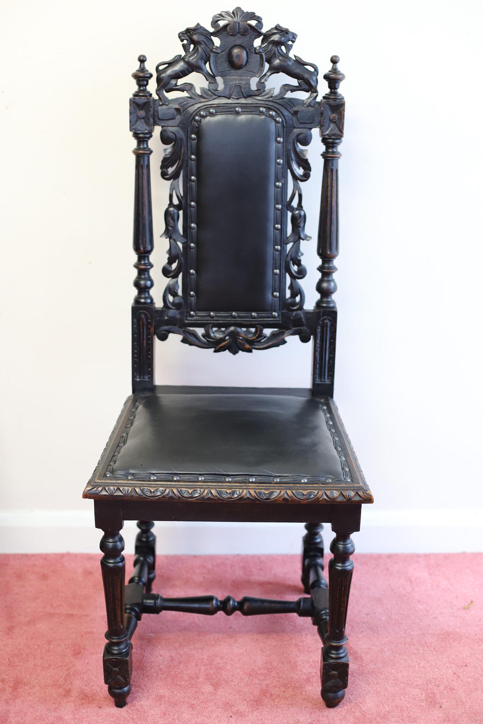 Set of six   Hand- Carved Lion Terminal Victorian Dining Chairs. In Good Condition In Crawley, GB