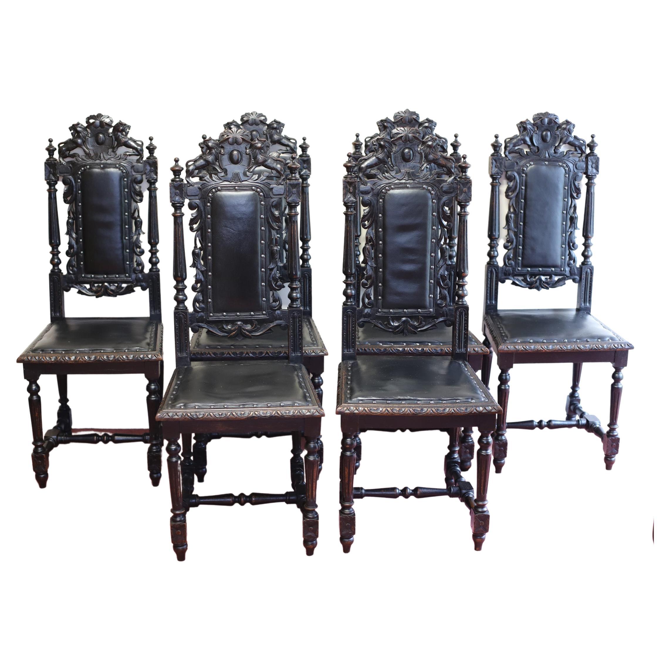 Set of six   Hand- Carved Lion Terminal Victorian Dining Chairs. For Sale
