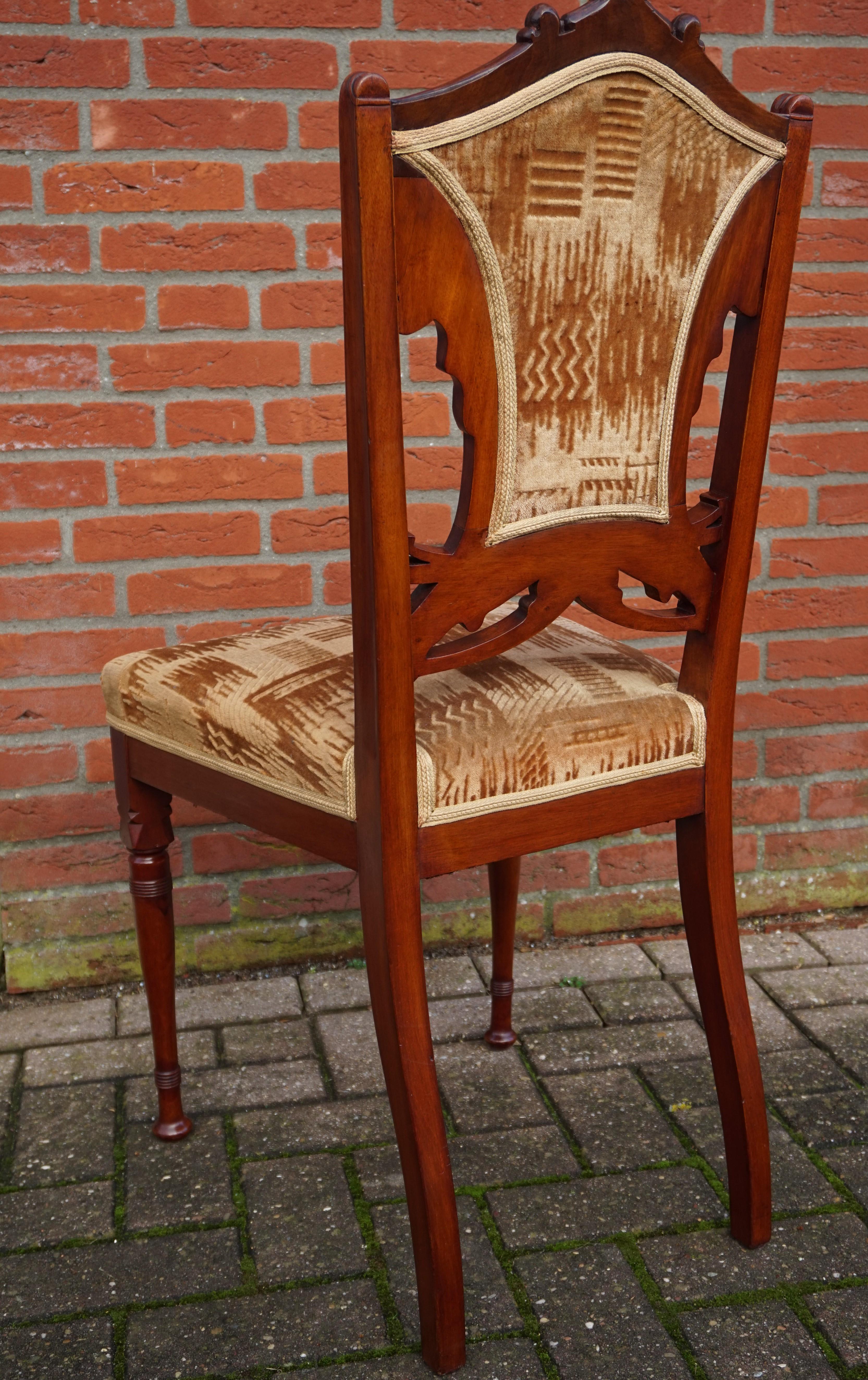Set of Six Hand Carved Nutwood Arts & Crafts Dining Room Chairs with Upholstery For Sale 3