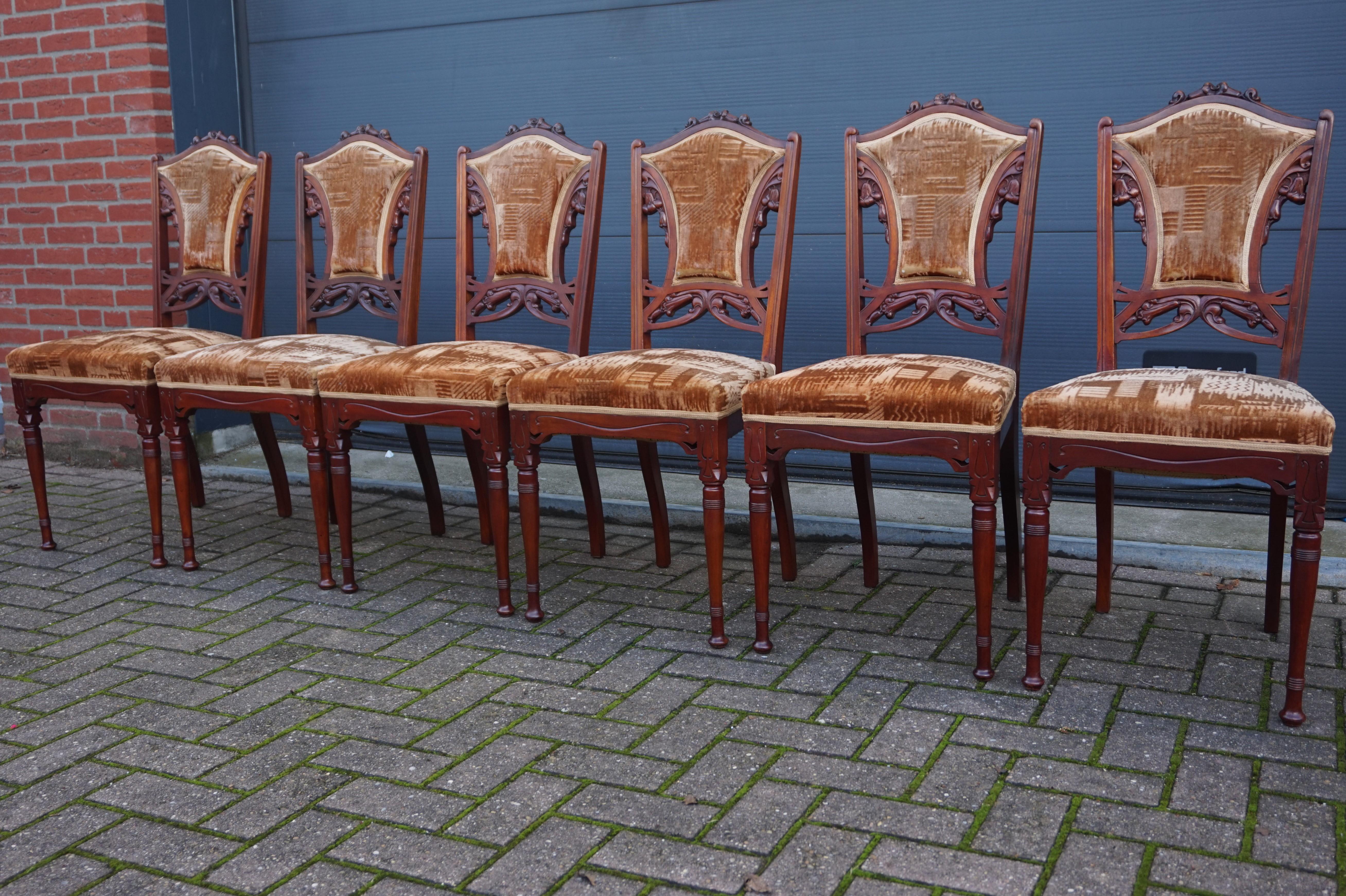 Set of Six Hand Carved Nutwood Arts & Crafts Dining Room Chairs with Upholstery For Sale 11
