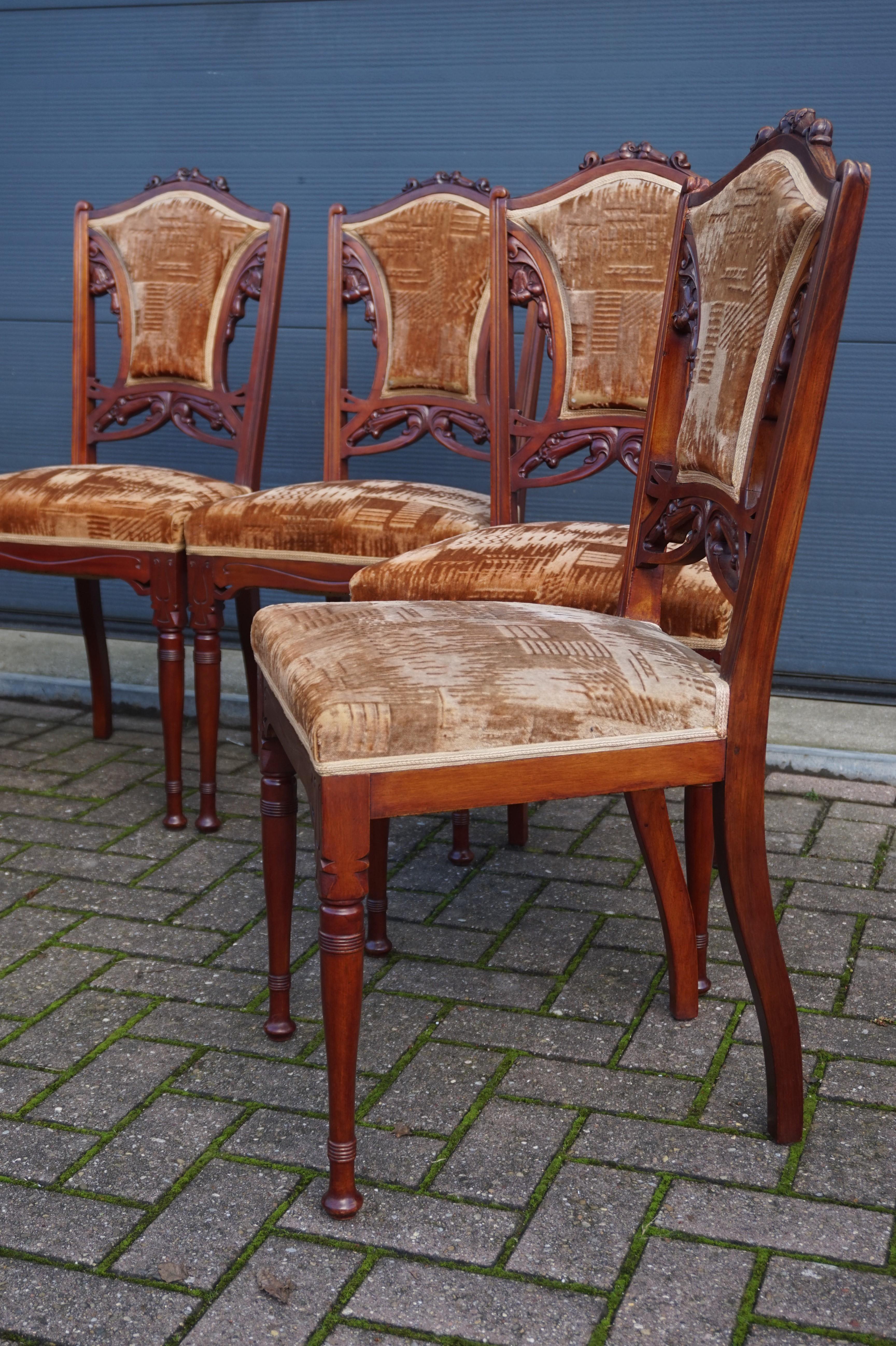 Art Nouveau Set of Six Hand Carved Nutwood Arts & Crafts Dining Room Chairs with Upholstery For Sale