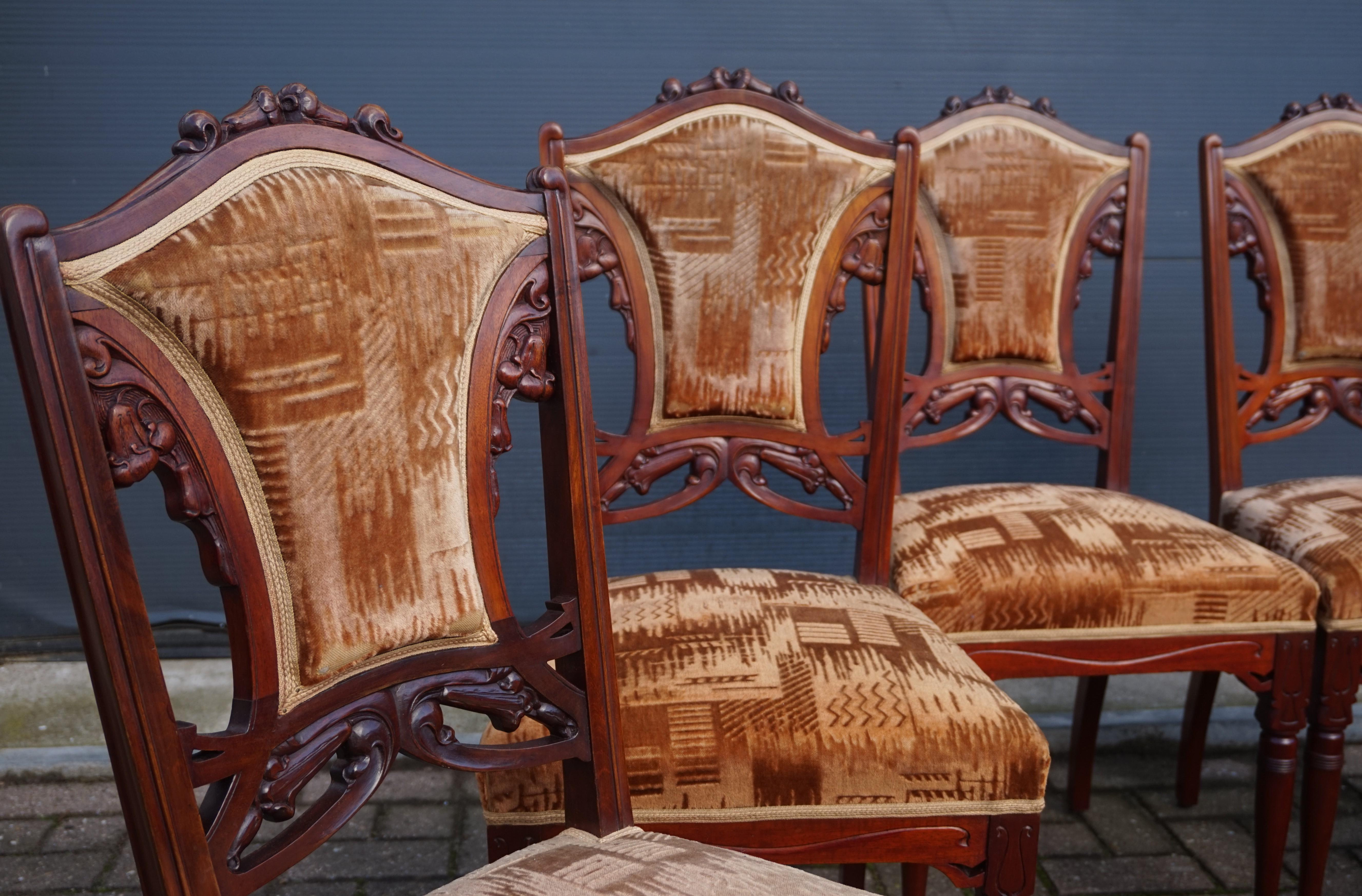 European Set of Six Hand Carved Nutwood Arts & Crafts Dining Room Chairs with Upholstery For Sale