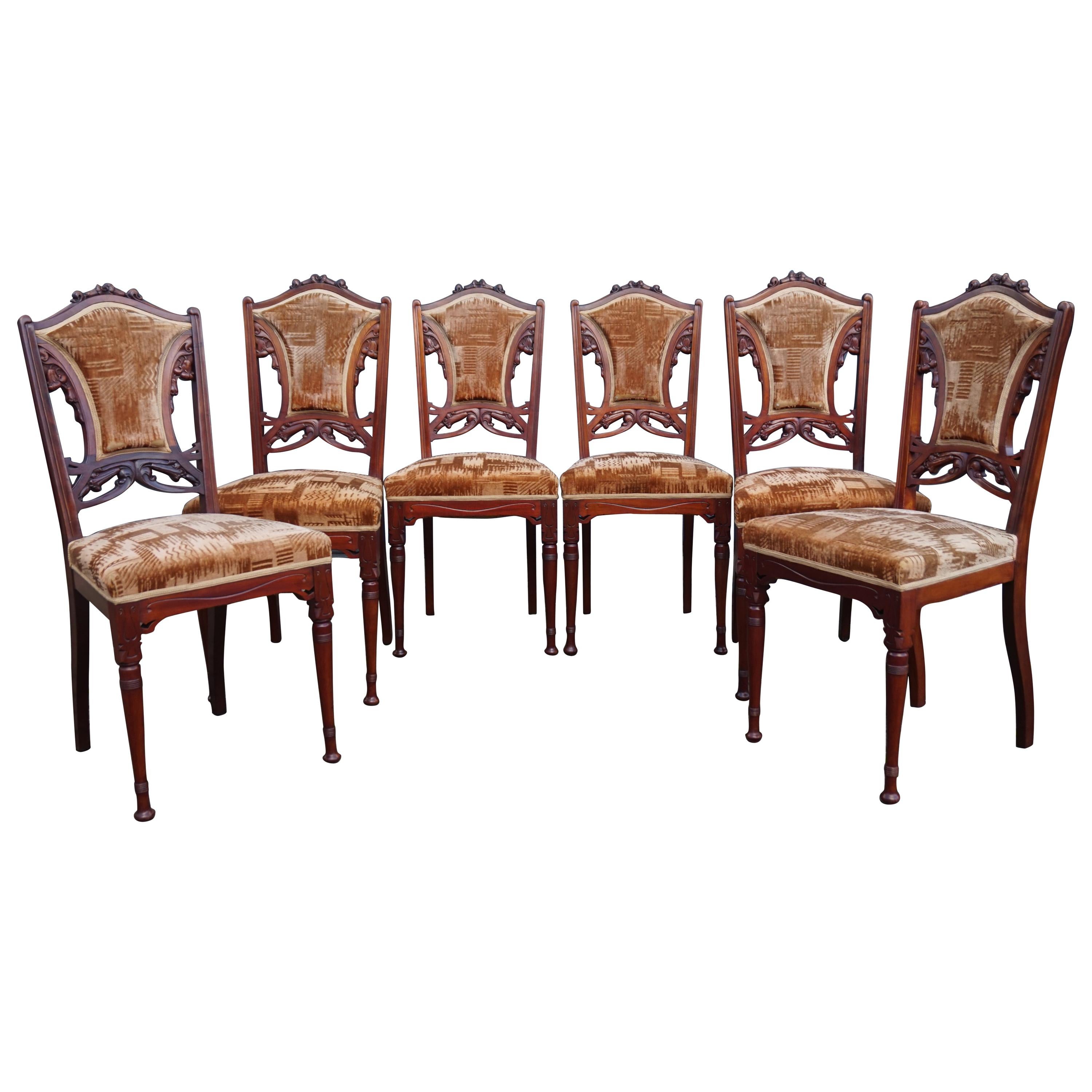 Set of Six Hand Carved Nutwood Arts & Crafts Dining Room Chairs with Upholstery