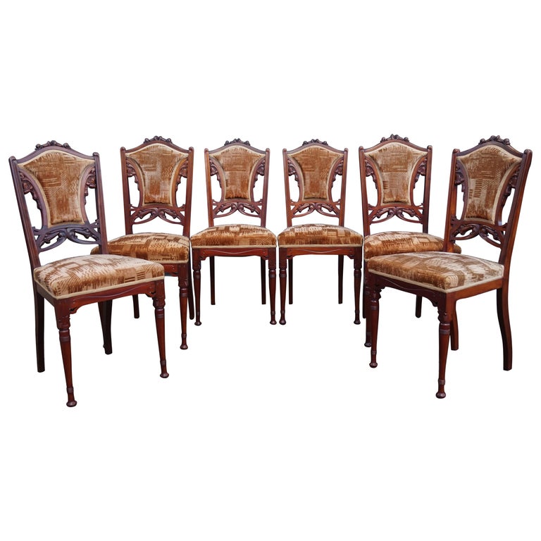 Set of Six Hand Carved Nutwood Arts and Crafts Dining Room Chairs with  Upholstery For Sale at 1stDibs
