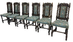 Set of Six Hand Carved Walnut Jacobean Blue Chairs with Floral Pattern Cushions