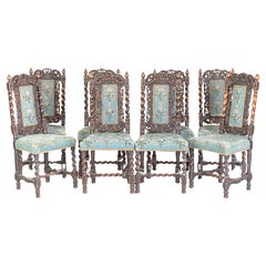 Set of Six Hand Carved Walnut Jacobean Blue Chairs with Floral Pattern Cushions